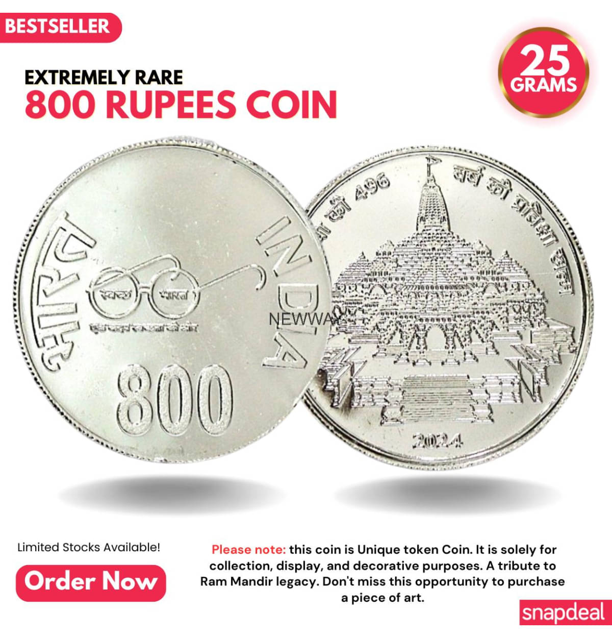     			Most Demanded 800 Rupees Ram Mandir Rare Silver-plated Heavy Coin