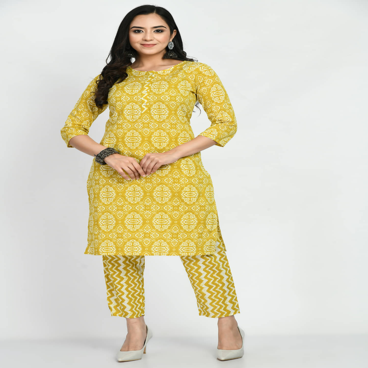 Neel & Ned Cotton Blend Printed Kurti With Pants Women's Stitched Salwar Suit - Yellow ( Pack of 1 ) Neel & Ned Cotton Blend Printed Kurti With Pants Women's Stitched Salwar Suit - Yellow ( Pack of 1 )