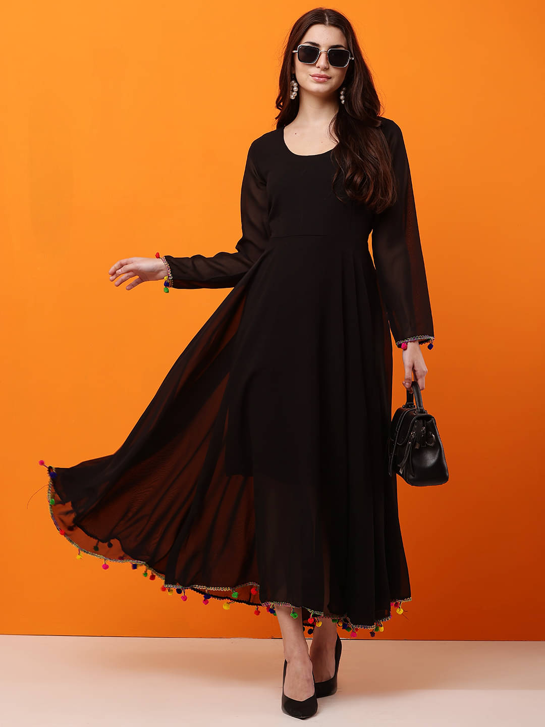     			RAABTA FASHIION Women Georgette Solid Fit & Flare Dress ( Black )