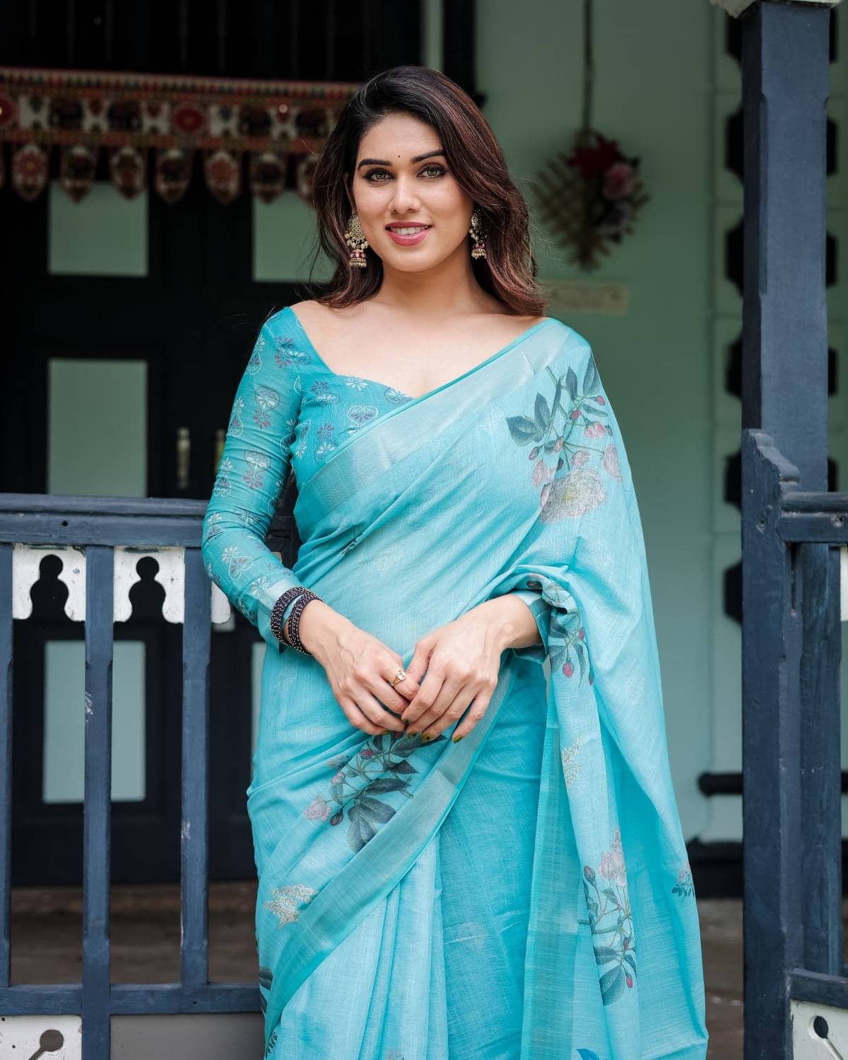 Almaari Fashion Linen Printed Saree With Unstitched Blouse Piece ( Multicolor ) Almaari Fashion Linen Printed Saree With Unstitched Blouse Piece ( Multicolor )