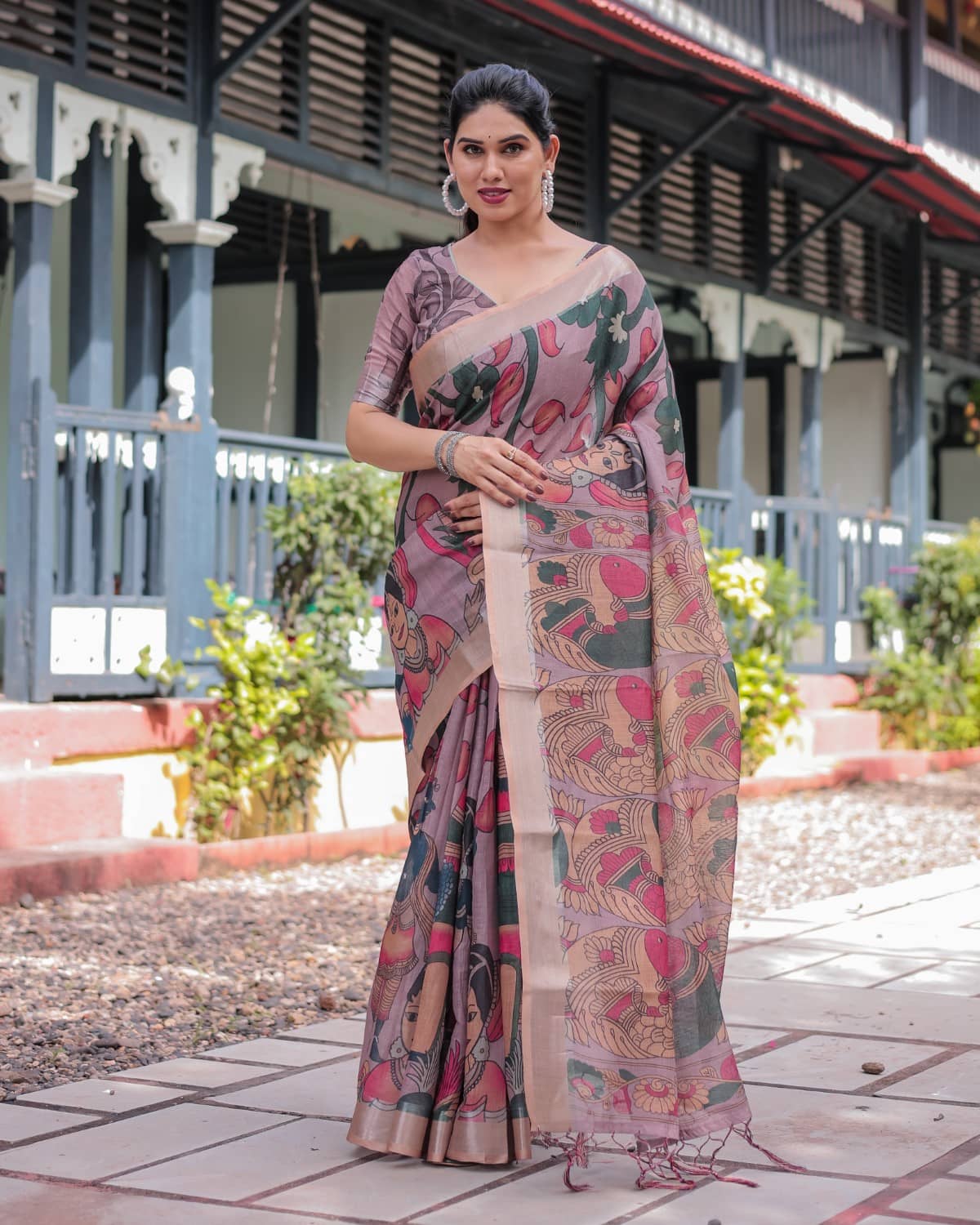 Almaari Fashion Linen Printed Saree With Unstitched Blouse Piece ( Multicolor ) - Sarees | Buy online on ZillyBuy