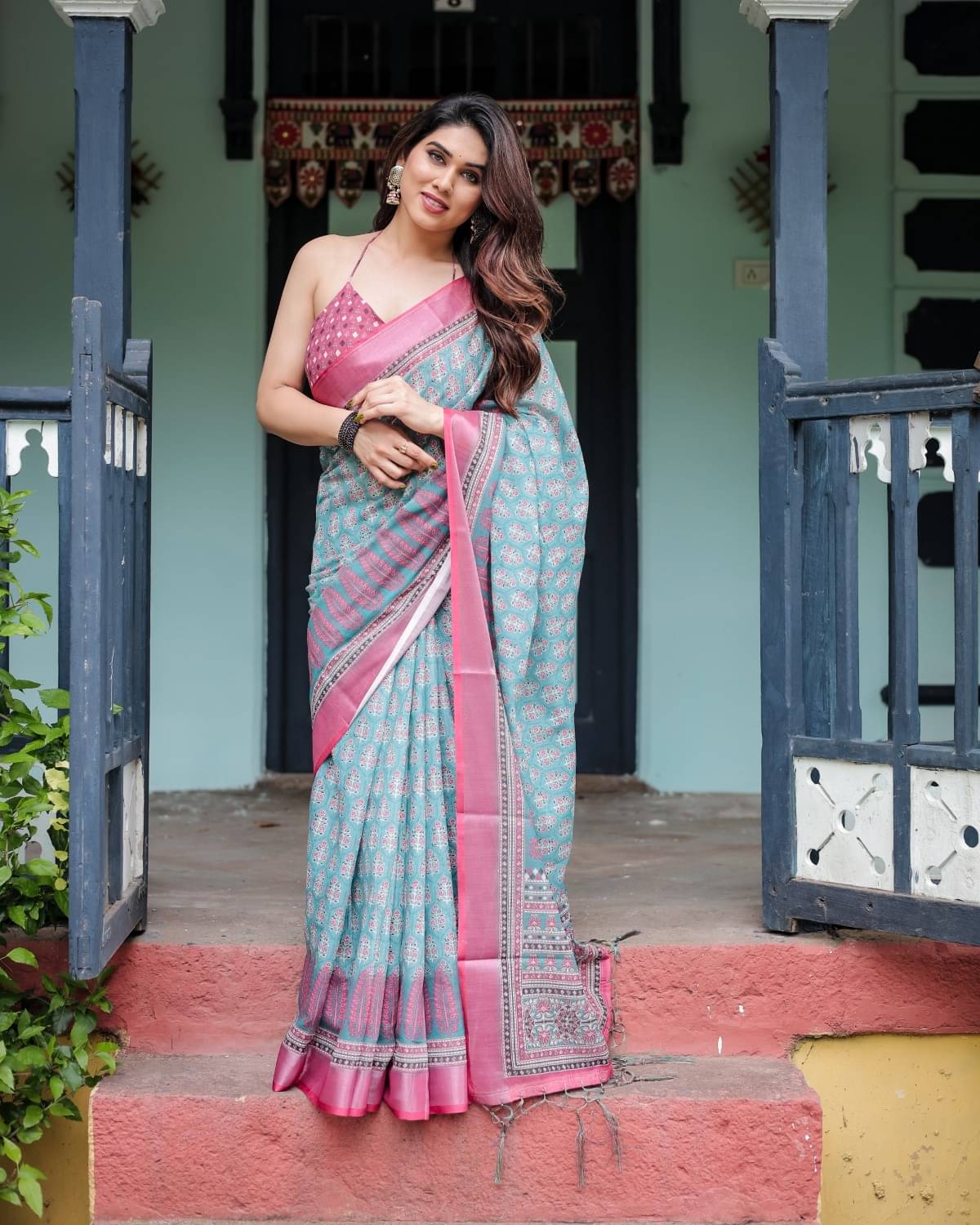     			Almaari Fashion Linen Printed Saree With Unstitched Blouse Piece ( Multicolor )