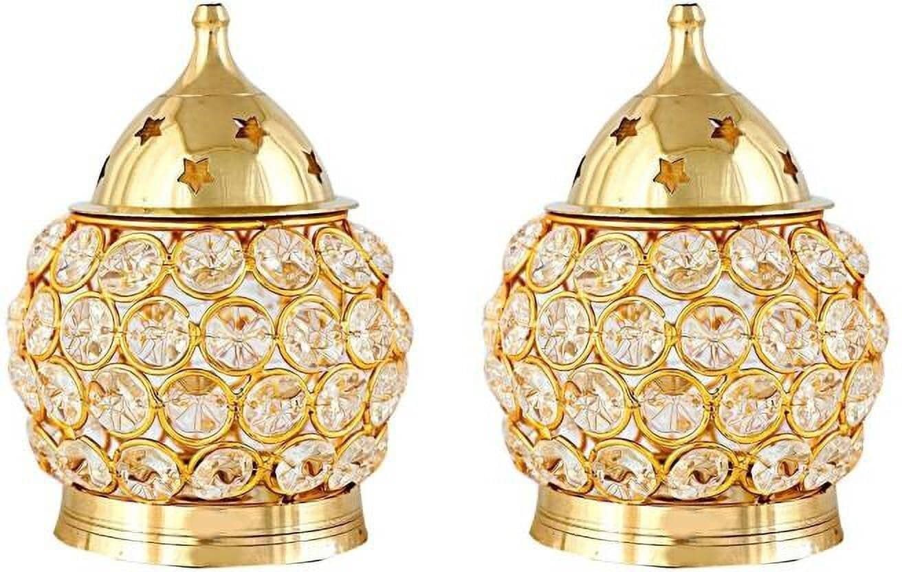 Fashion Bizz Brass Akhand Diya | Diamond Crystal Deepak/Diya Table Diya - Set of 2
