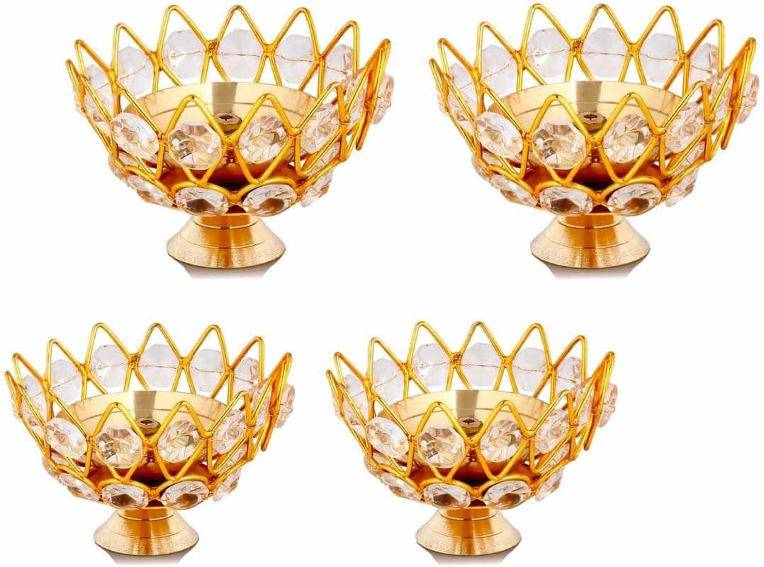 Fashion Bizz Brass Akhand Diya | Diamond Crystal Deepak/Dia Table Diya - Pack of 4