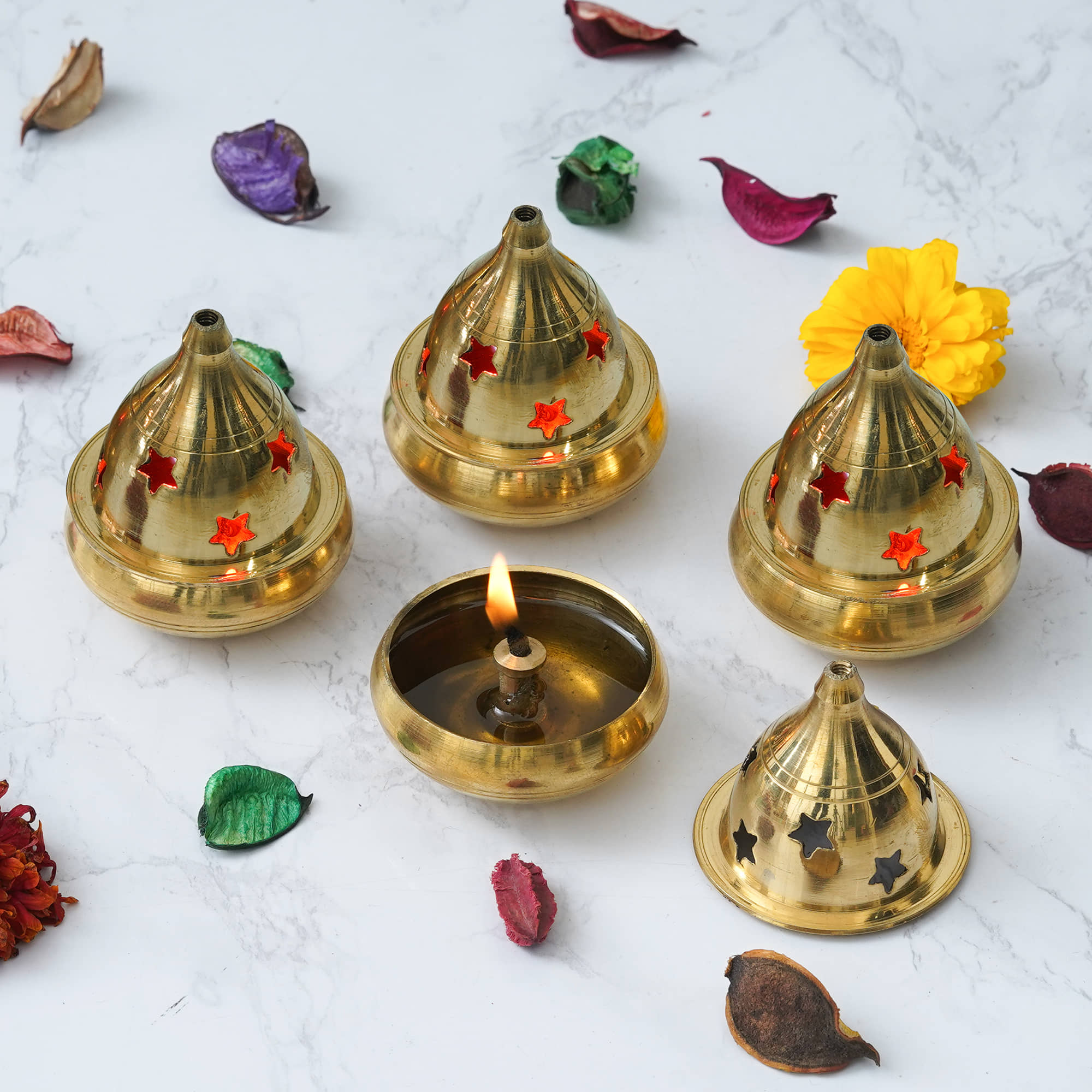 Fashion Bizz Brass Akhand Diya | Magical Lantern Brass Diya Brass Table Diya Set - Pack of 4