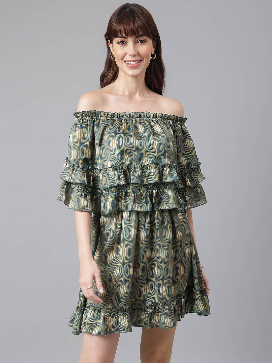     			Flamboyant Women Polyester Printed Off Shoulder Dress ( Green )