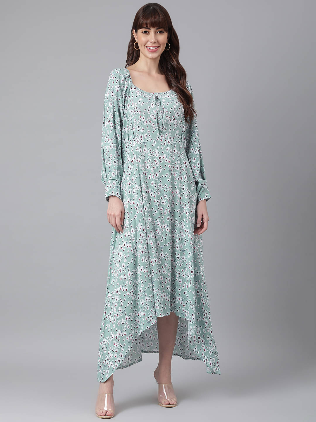     			Flamboyant Women Rayon Printed Asymmetric Dress ( Green )