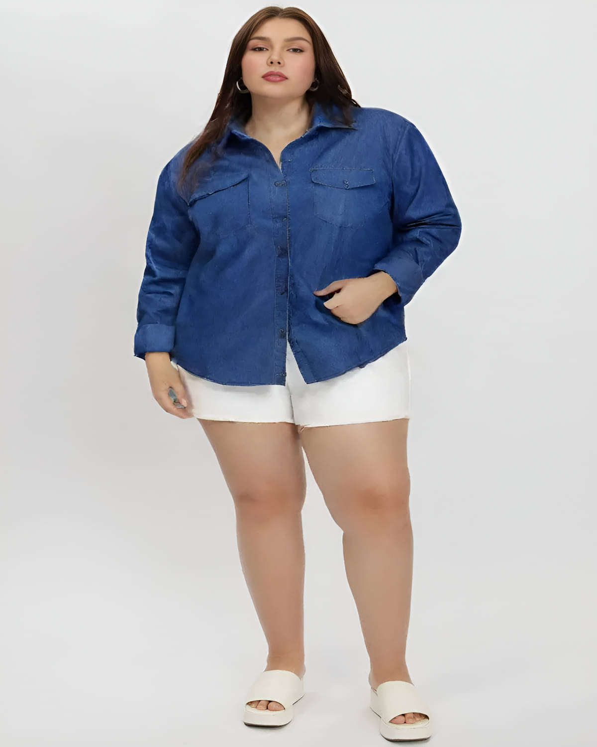     			MAYKR Women Solid Denim Shirt ( Blue )