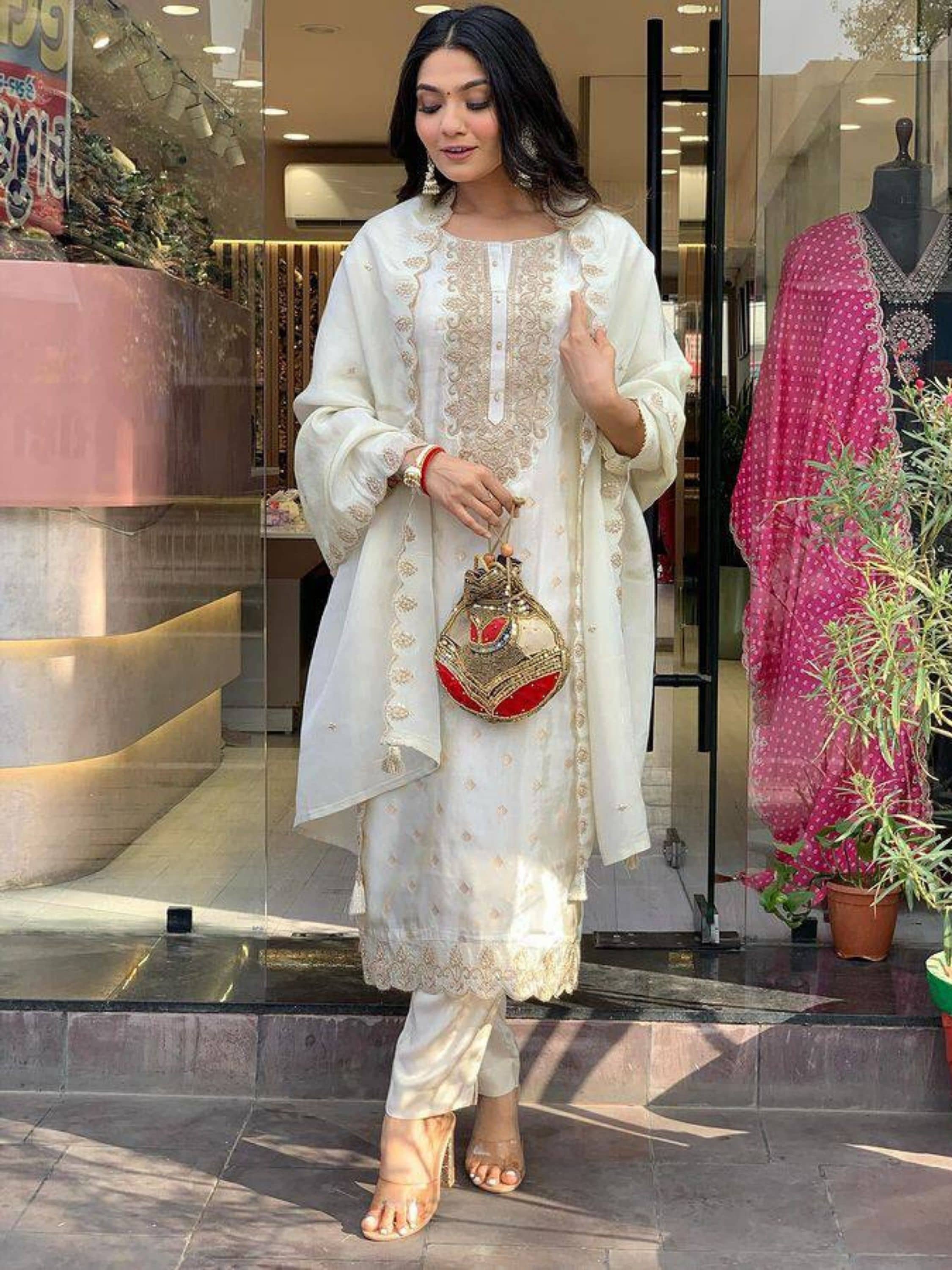 Niza Fashion Banarasi Embroidered Kurti With Pants Women's Stitched Salwar Suit - White ( Pack of 1 )