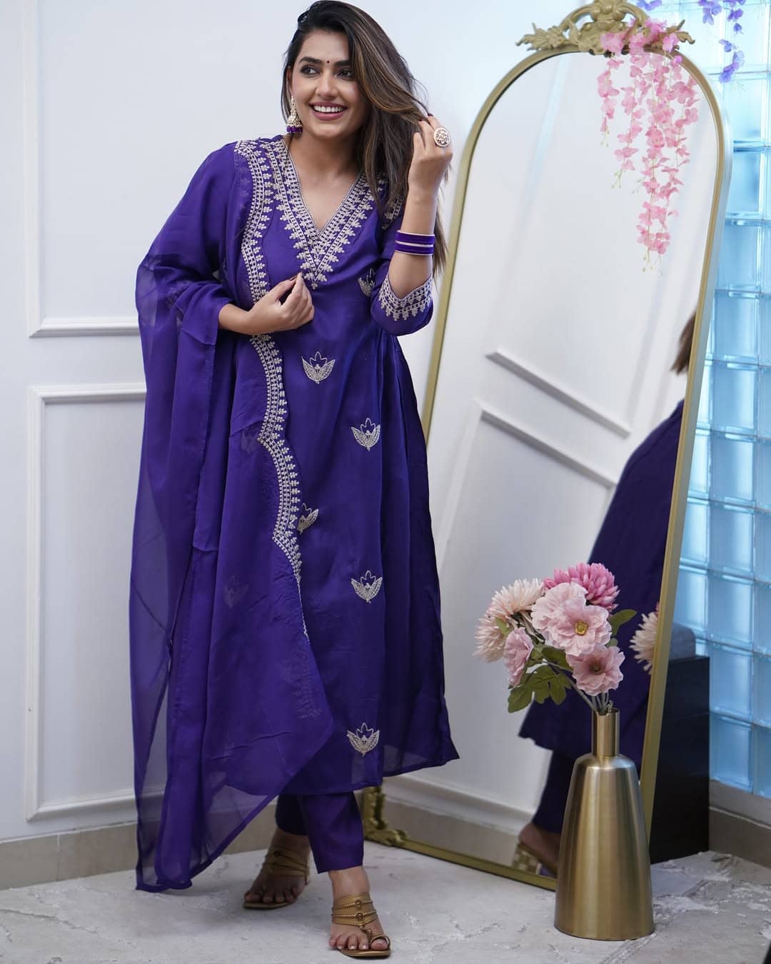 Niza Fashion Chanderi Embroidered Kurti With Pants Women's Stitched Salwar Suit - Purple ( Pack of 1 )