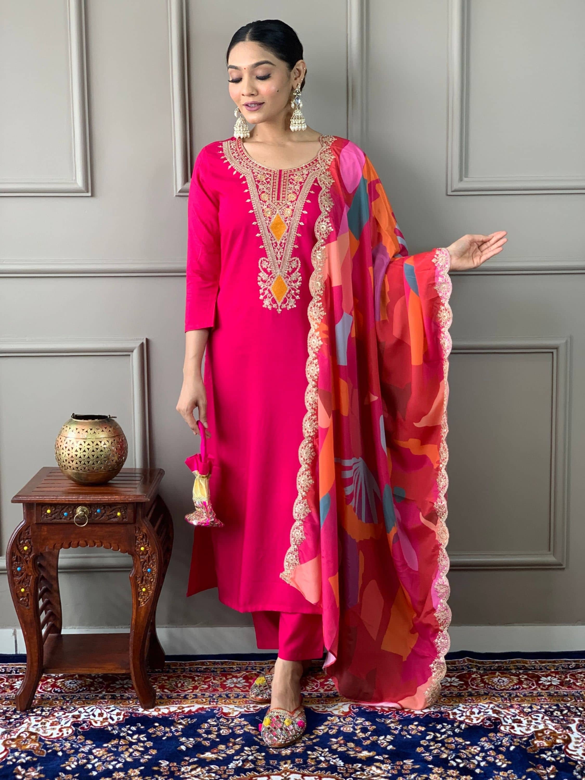 Niza Fashion Cotton Embroidered Kurti With Pants Women's Stitched Salwar Suit - Pink ( Pack of 1 )