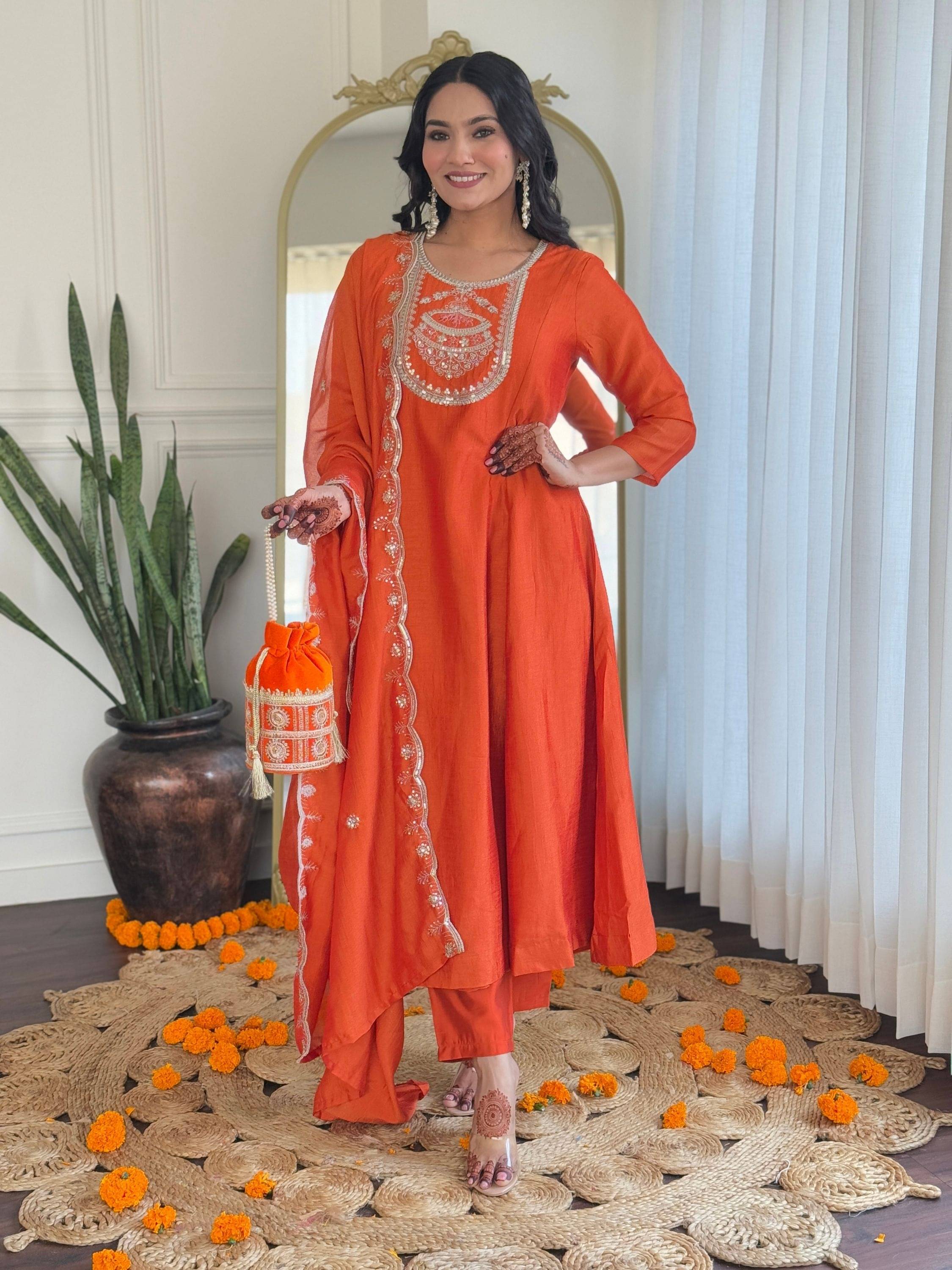     			Niza Fashion Silk Embroidered Kurti With Pants Women's Stitched Salwar Suit - Orange ( Pack of 1 )