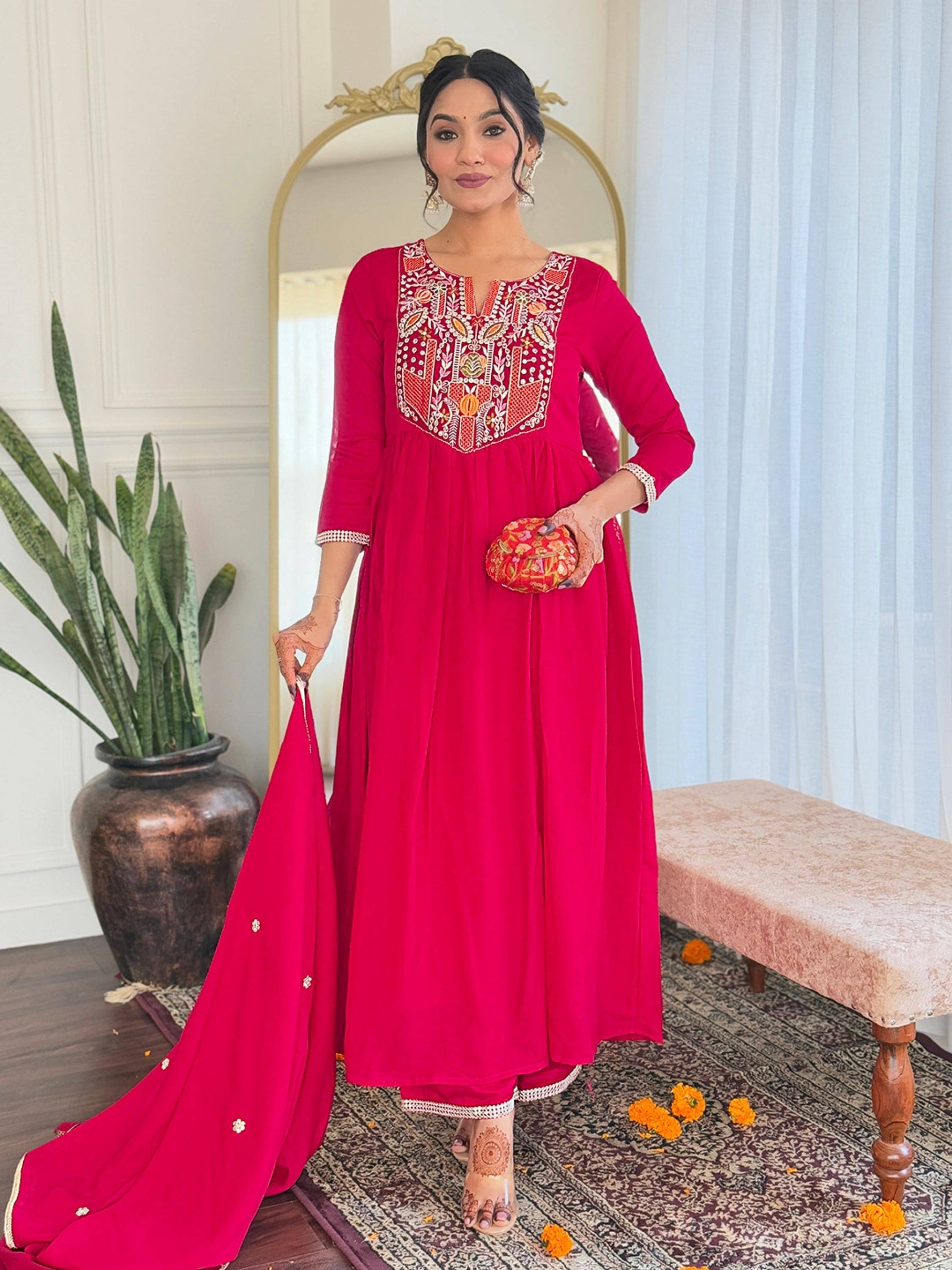     			Niza Fashion Silk Embroidered Kurti With Pants Women's Stitched Salwar Suit - Pink ( Pack of 1 )