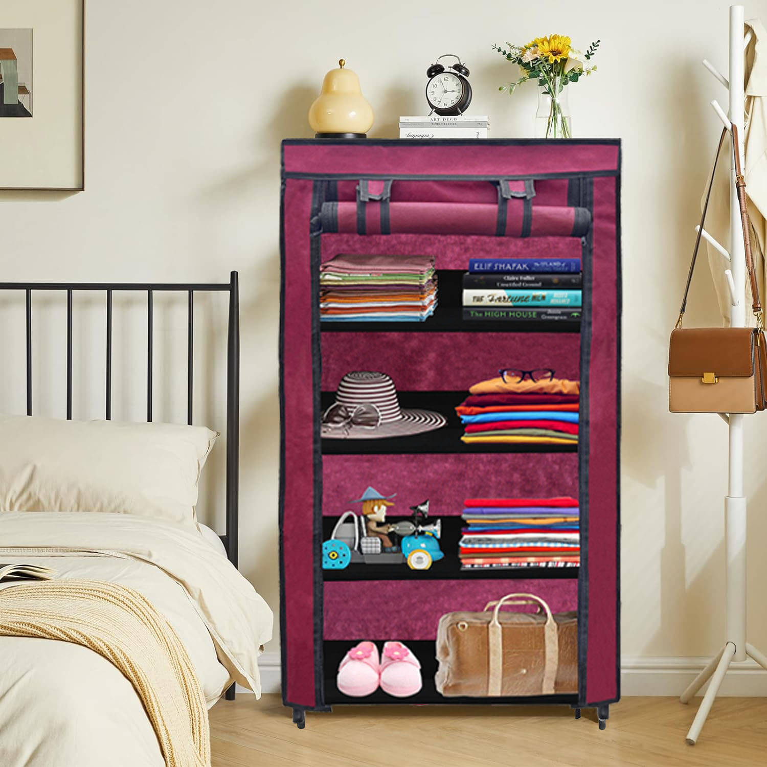     			PHILOSHOP 4 Layer Metal Shoe Rack Stand with Cover Shoe Organiser for Home & Office (Maroon)