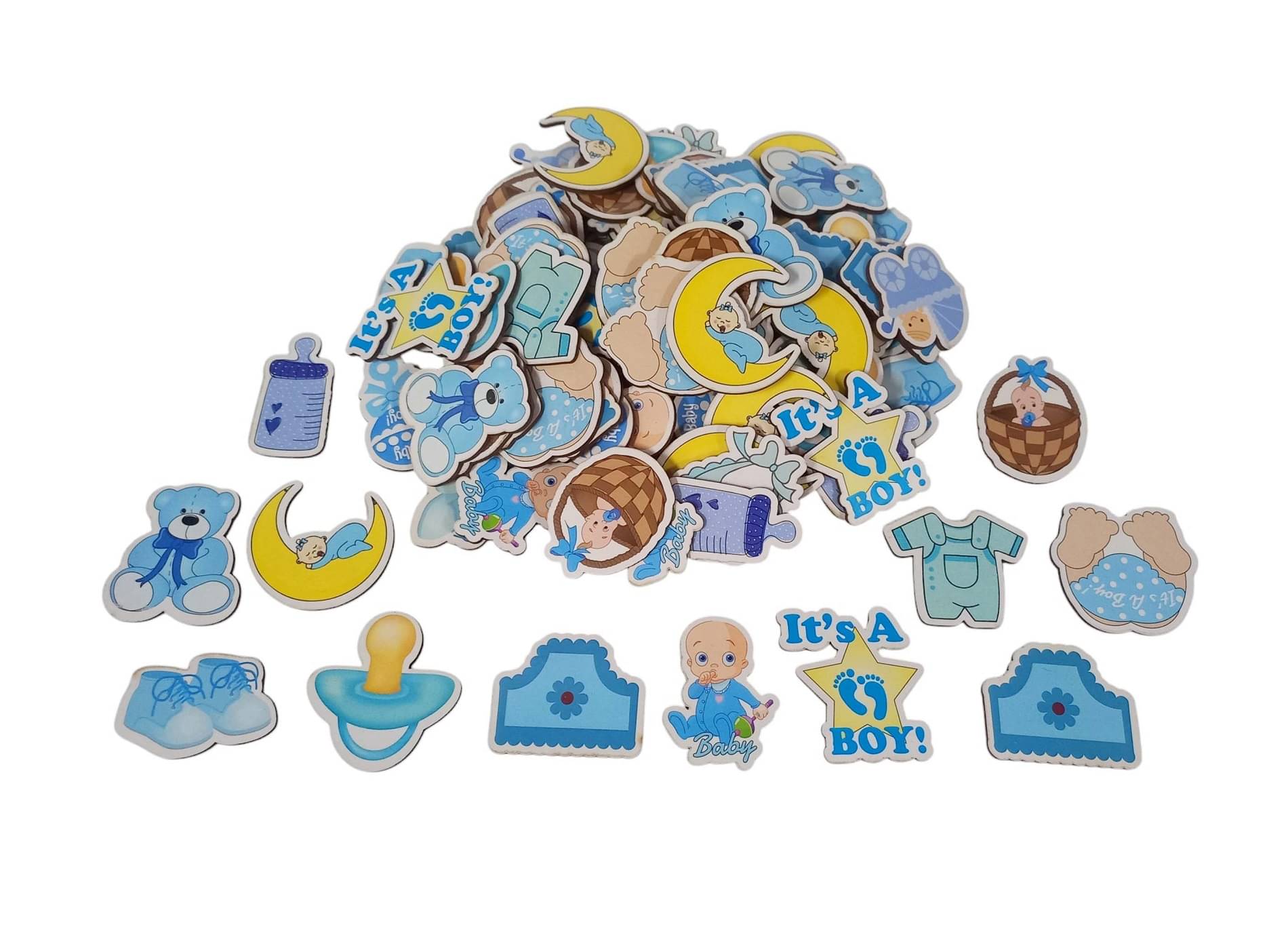     			PRANSUNITA 20 pcs Wooden Blue Cutouts Motifs Embellishment for Baby Shower Decoration Gift Packaging Card Making & Craft Work (Mix Design) Color Baby Blue Size 4 cm (1.50 mm Thick)