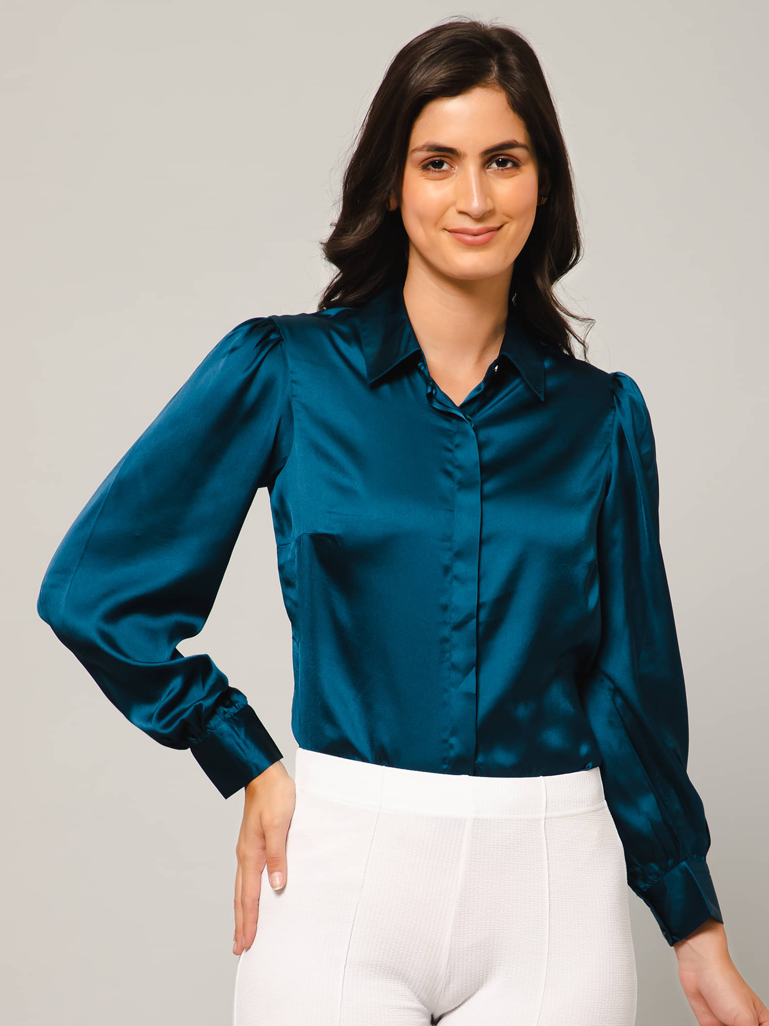     			Purys Women Solid Satin Shirt ( Blue )