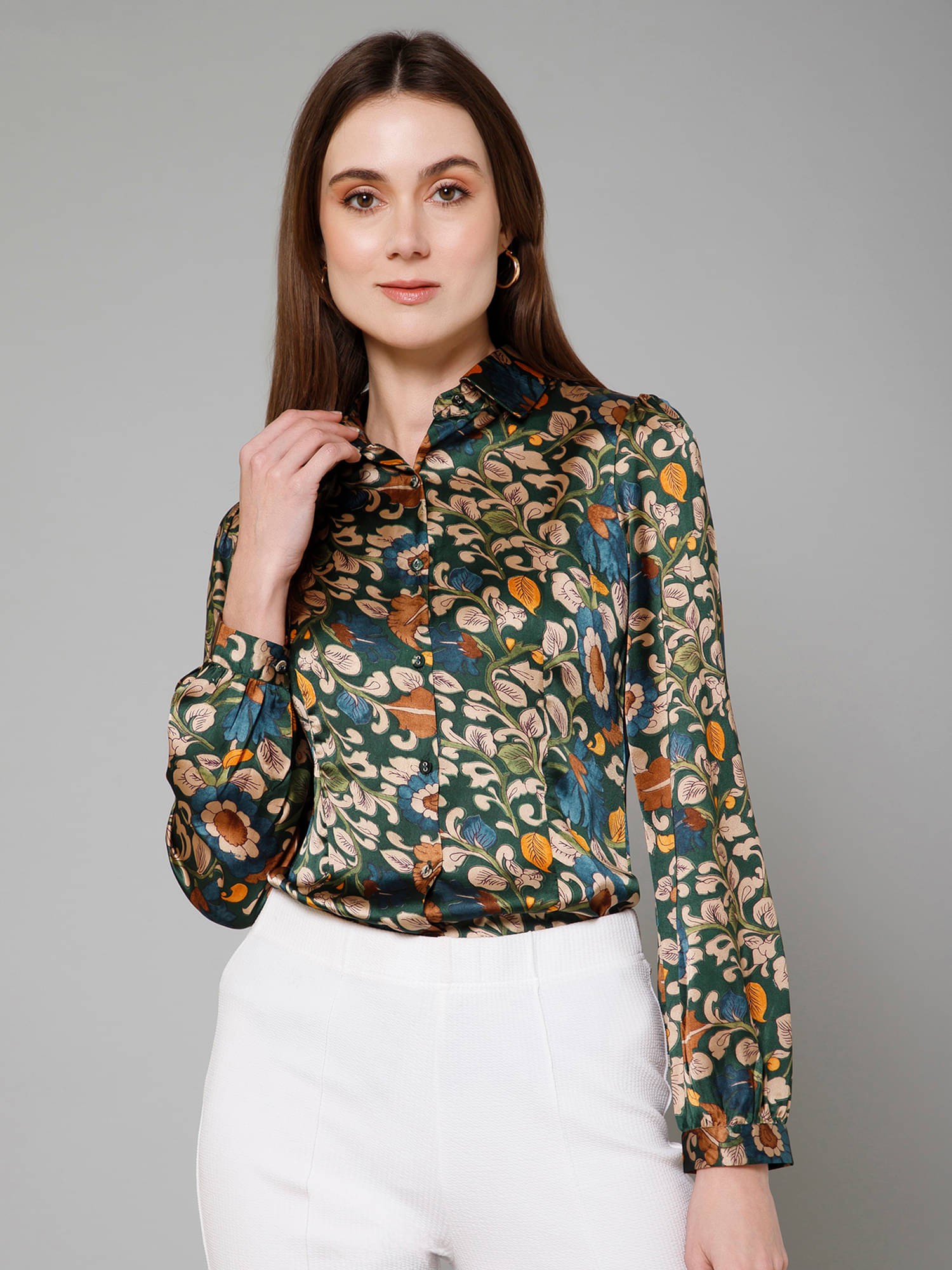     			Purys Women Printed Satin Shirt ( Green )