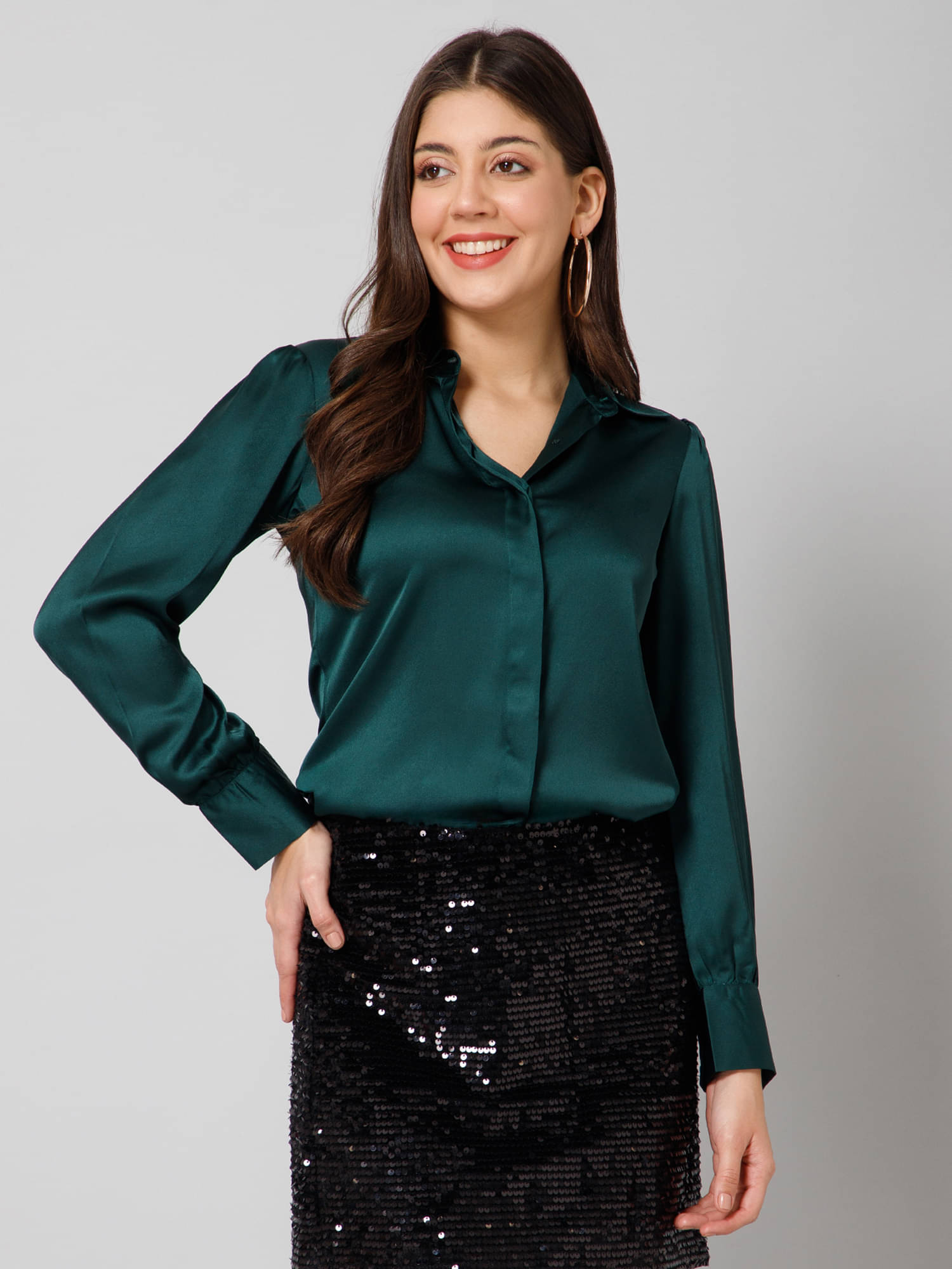 Purys Women Solid Satin Shirt ( Green )     			Purys Women Solid Satin Shirt ( Green )