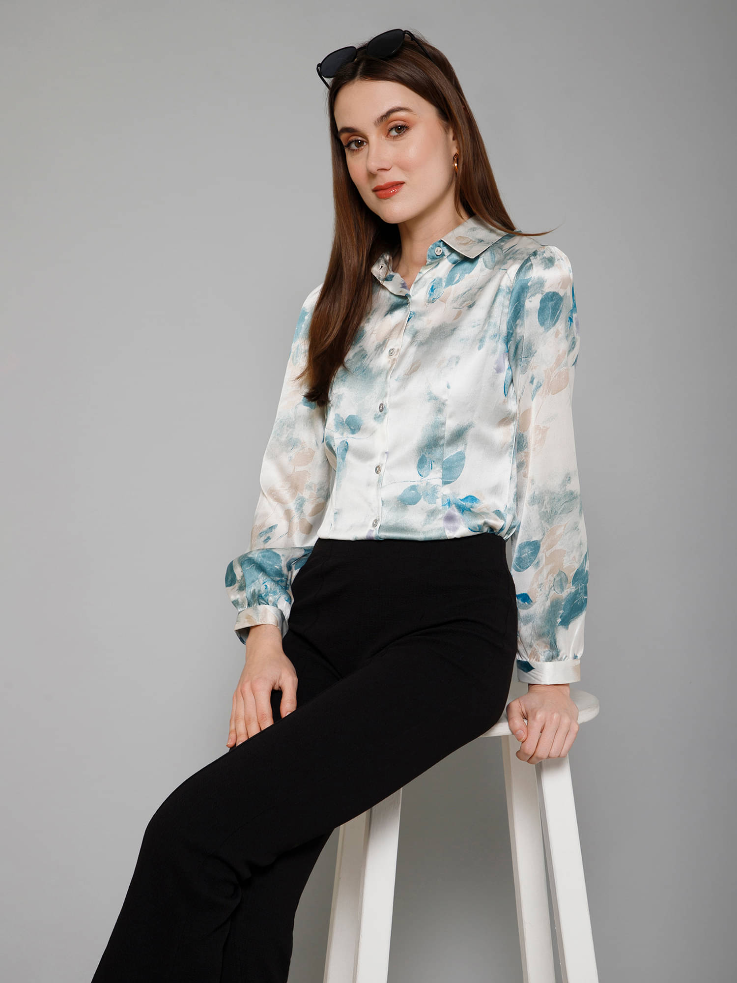 Purys Women Printed Satin Shirt ( Green ) Purys Women Printed Satin Shirt ( Green )