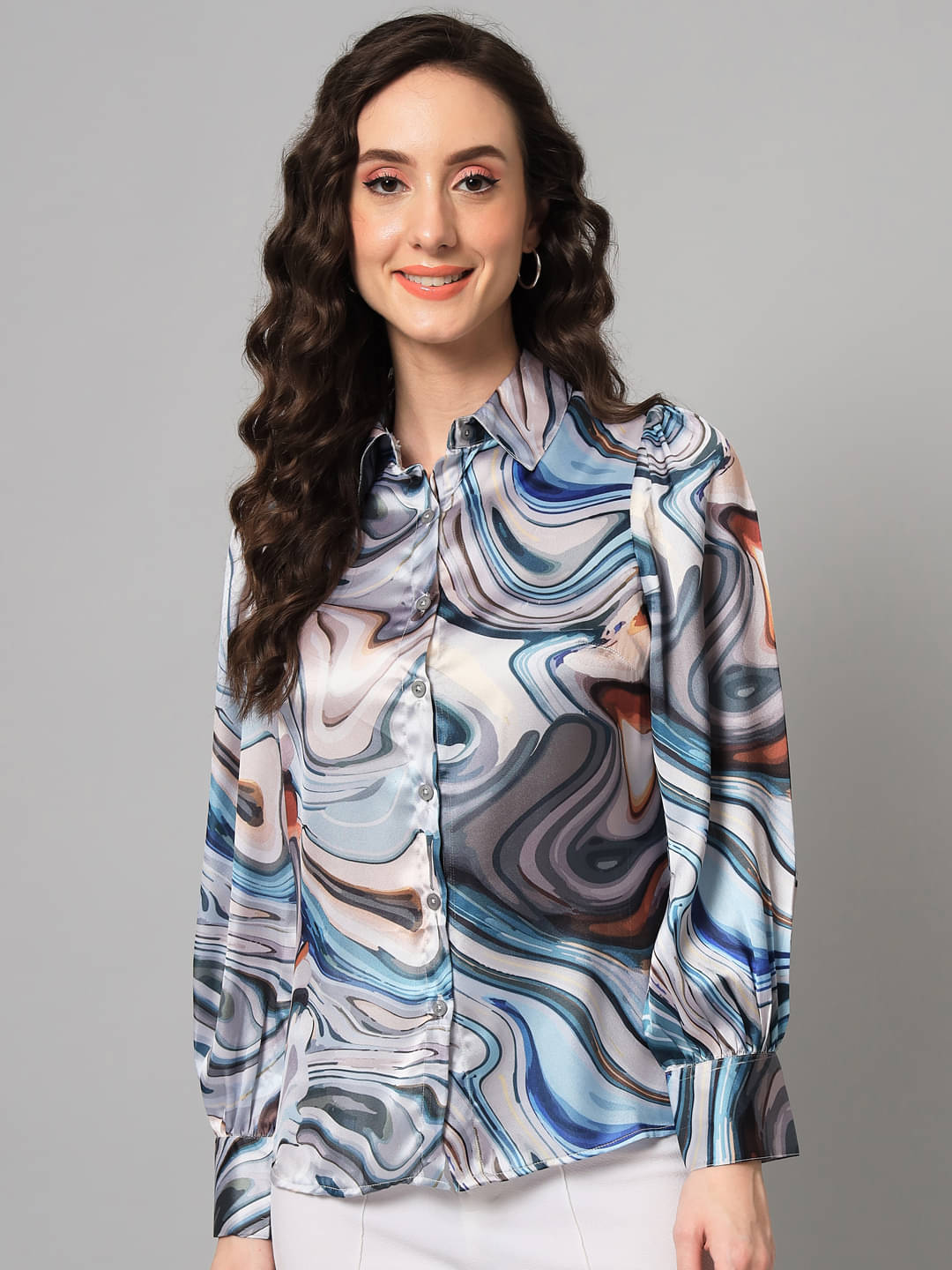     			Purys Women Printed Satin Shirt ( Grey )
