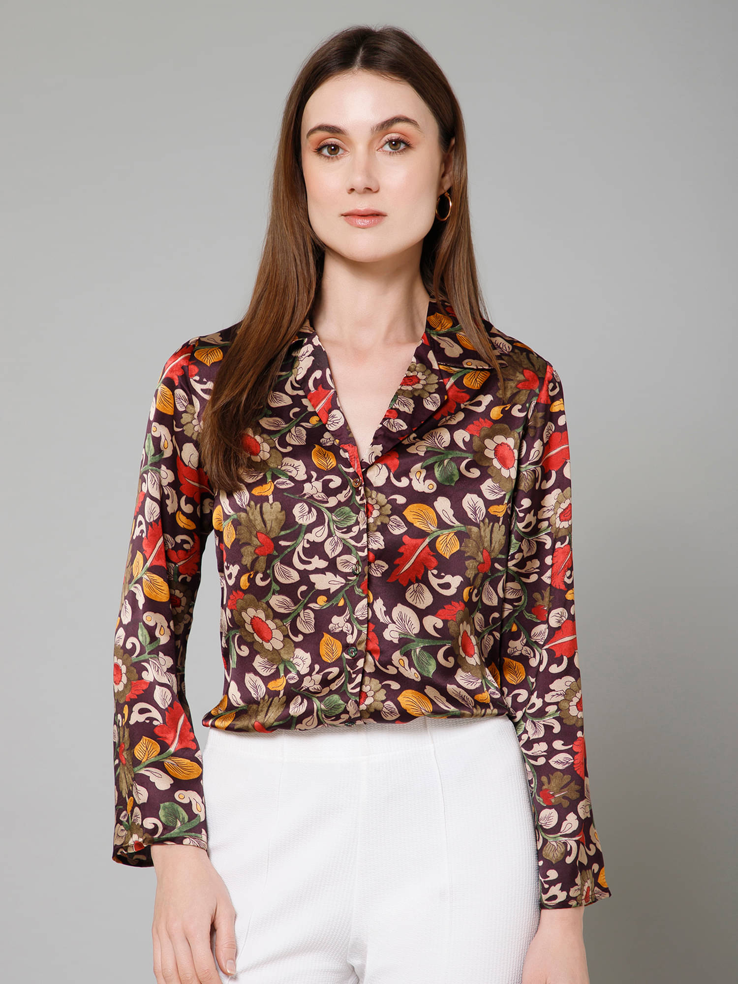     			Purys Women Printed Satin Shirt ( Maroon )
