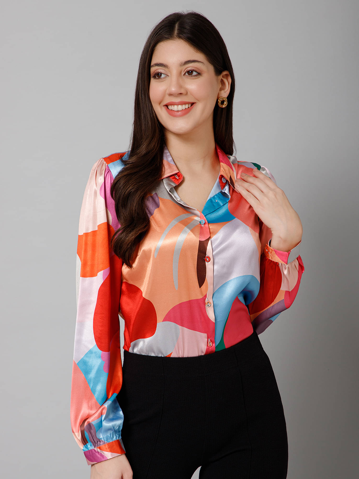 Purys Women Printed Satin Shirt ( Peach )     			Purys Women Printed Satin Shirt ( Peach )
