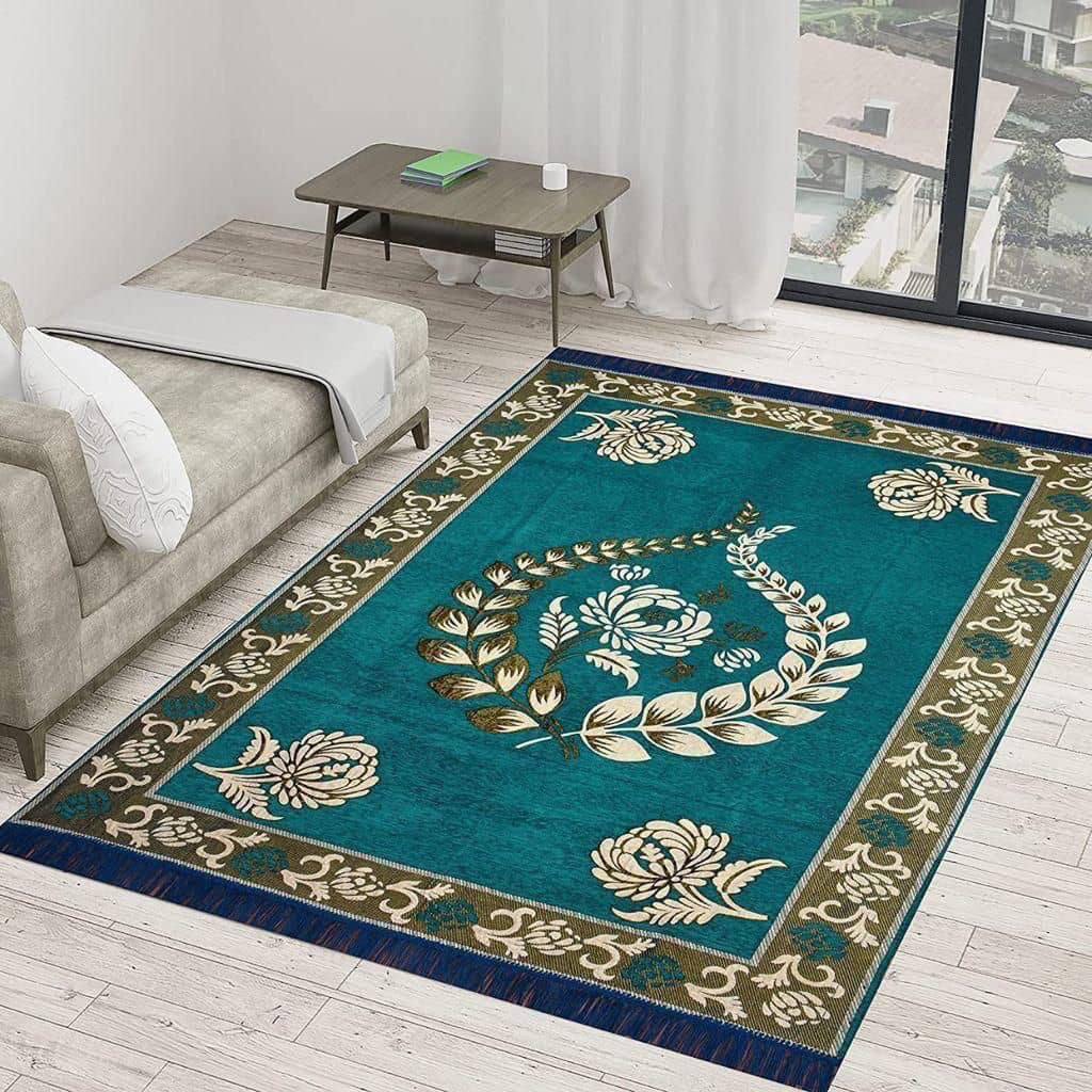 RADECOR Blue Chenille Carpet Floral 5x7 Ft