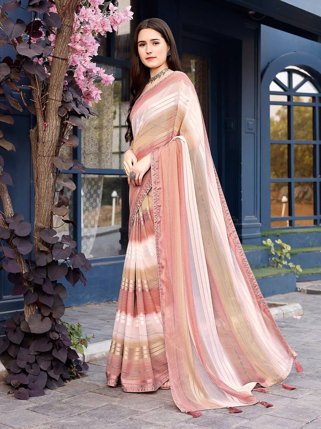 Sanjana Silks Chiffon Striped Saree With Unstitched Blouse Piece ( Peach ) Sanjana Silks Chiffon Striped Saree With Unstitched Blouse Piece ( Peach )