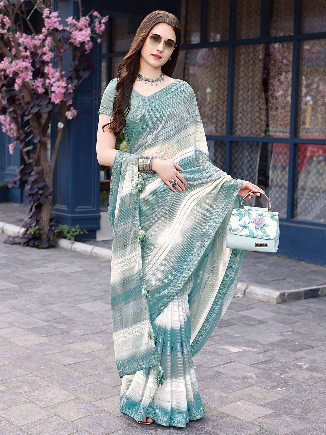     			Sanjana Silks Chiffon Striped Saree With Unstitched Blouse Piece ( SkyBlue )