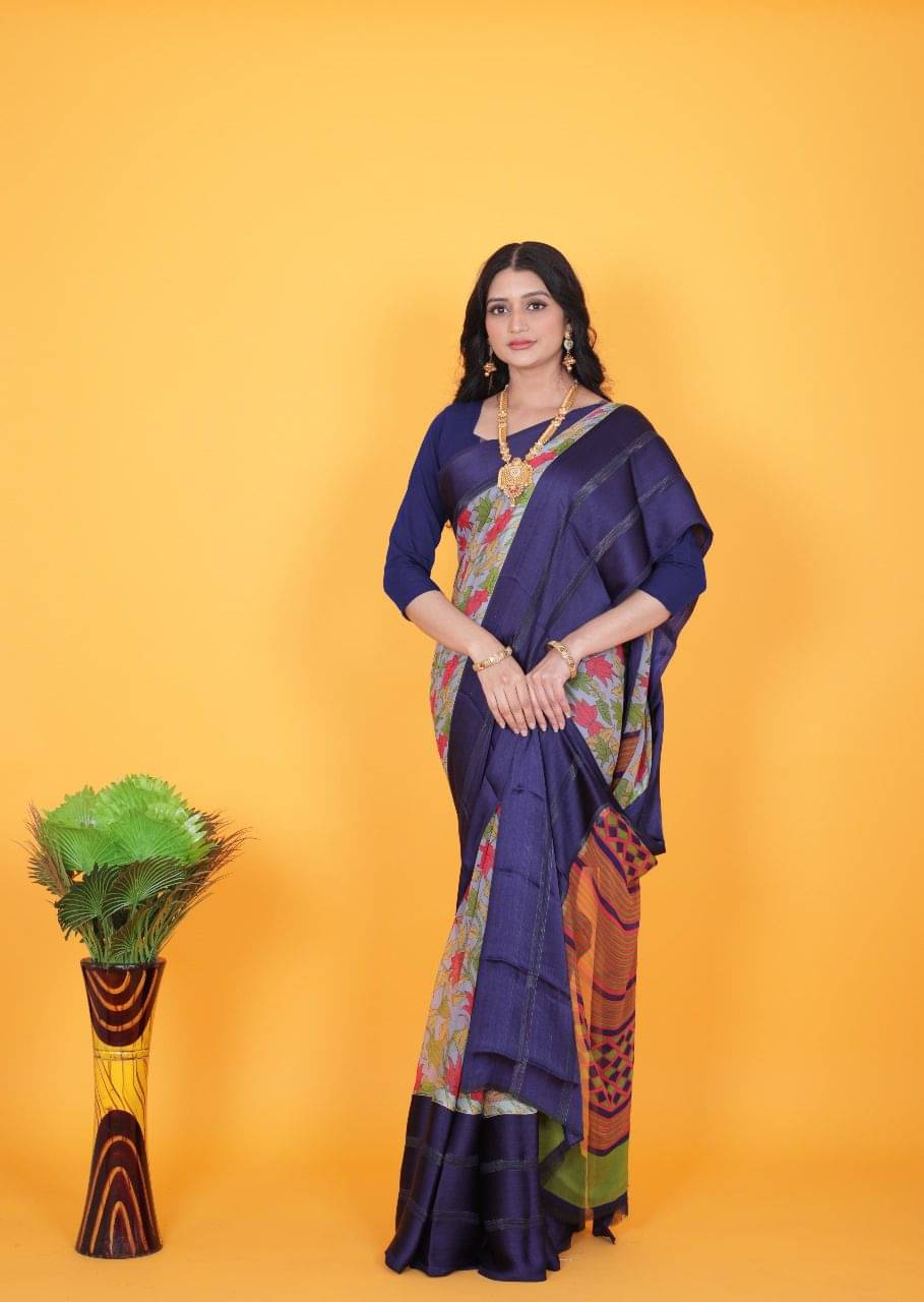     			Sanwariya Silk Satin Printed Saree With Unstitched Blouse Piece ( Blue )