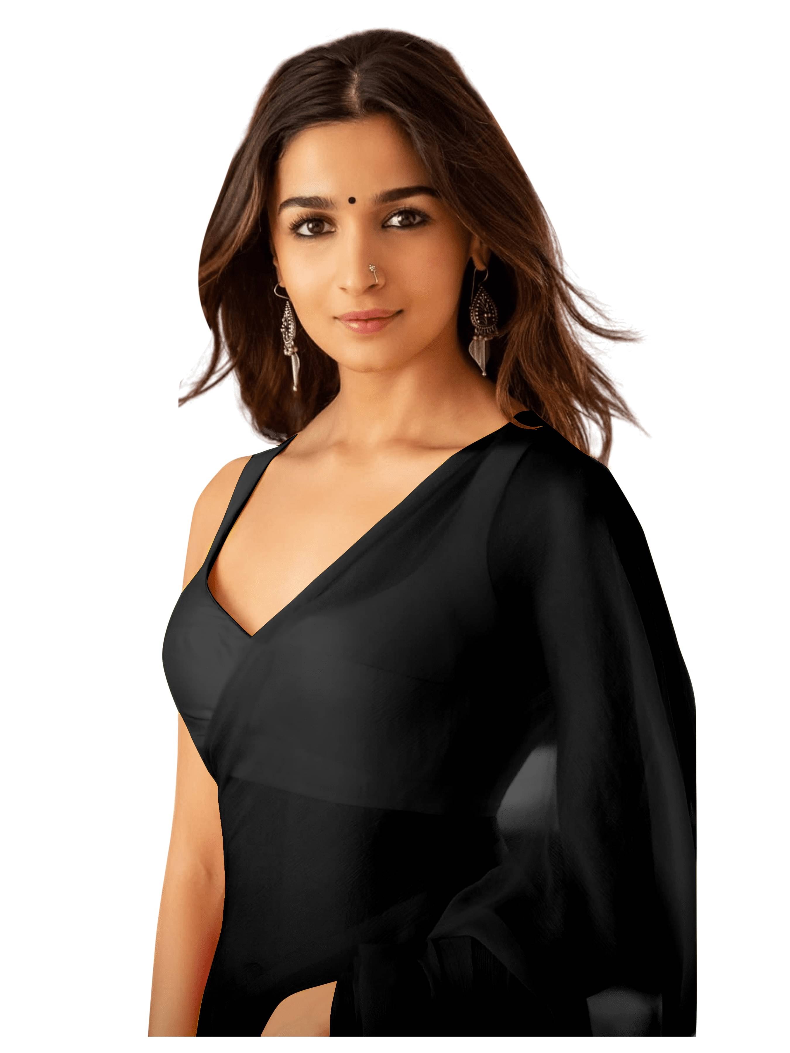     			Sidhidata Georgette Solid Saree Without Blouse Piece ( Black )