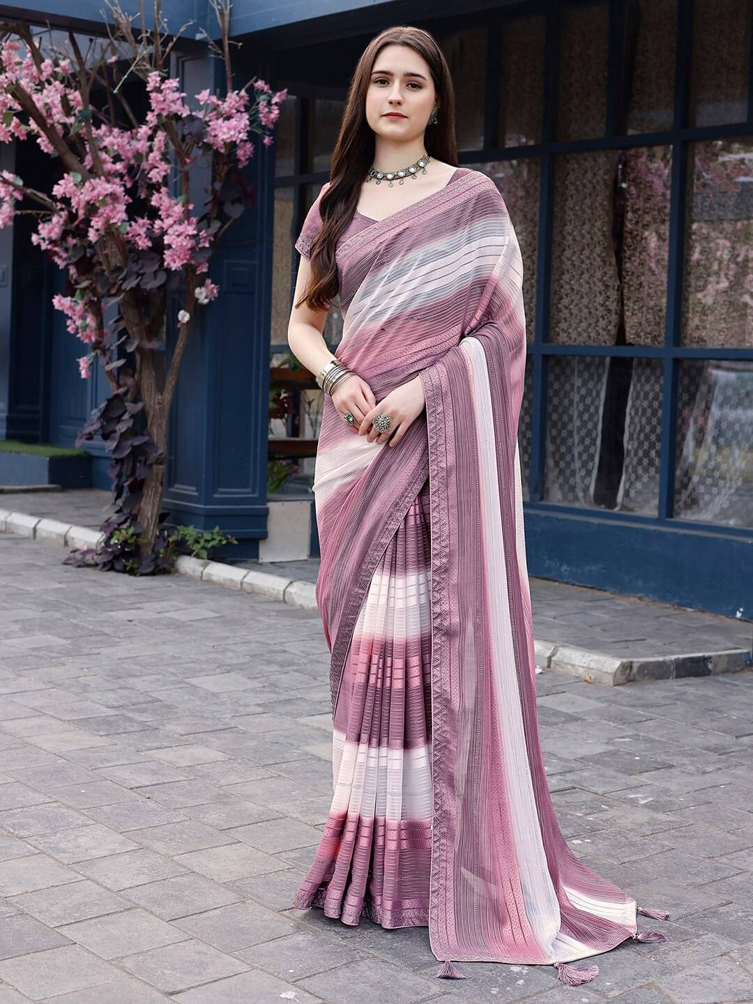Sitanjali Chiffon Striped Saree With Unstitched Blouse Piece ( Wine ) Sitanjali Chiffon Striped Saree With Unstitched Blouse Piece ( Wine )
