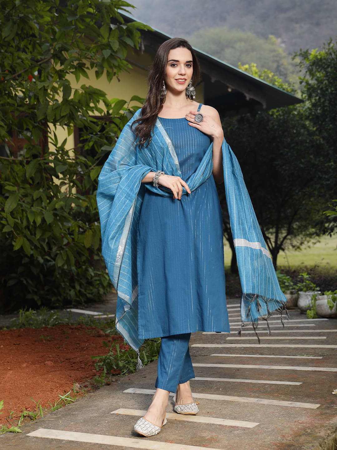     			Stylum Cotton Blend Self Design Kurti With Pants Women's Stitched Salwar Suit - Teal ( Pack of 1 )