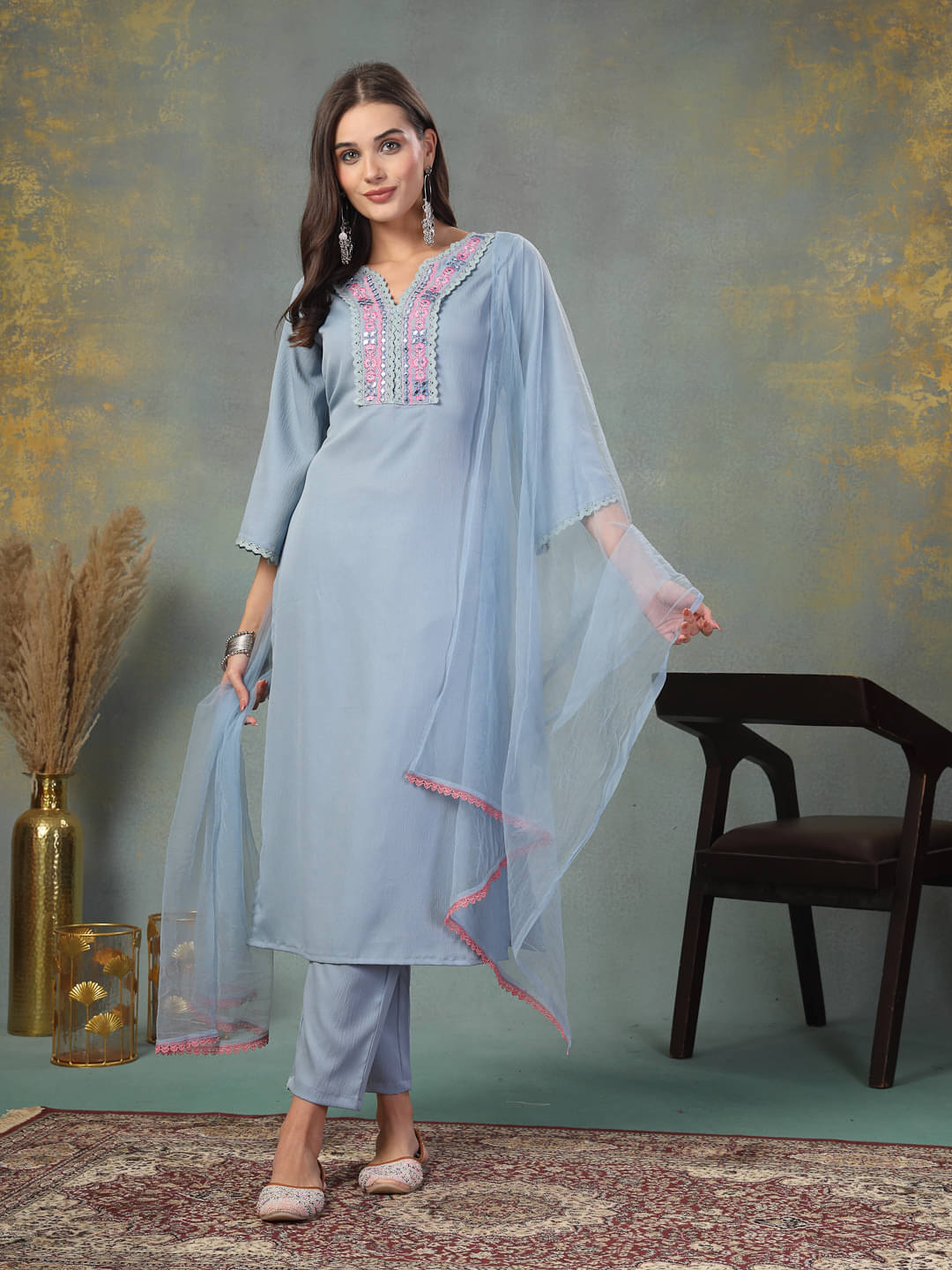     			Stylum Crepe Embroidered Kurti With Pants Women's Stitched Salwar Suit - Light Blue ( Pack of 1 )