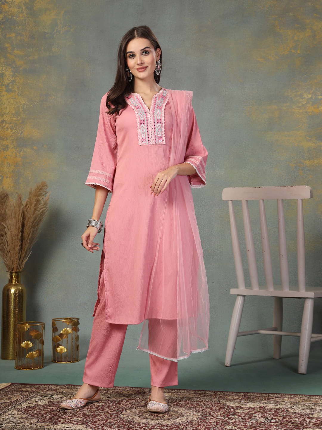 Stylum Crepe Embroidered Kurti With Pants Women's Stitched Salwar Suit - Pink ( Pack of 1 ) Stylum Crepe Embroidered Kurti With Pants Women's Stitched Salwar Suit - Pink ( Pack of 1 )
