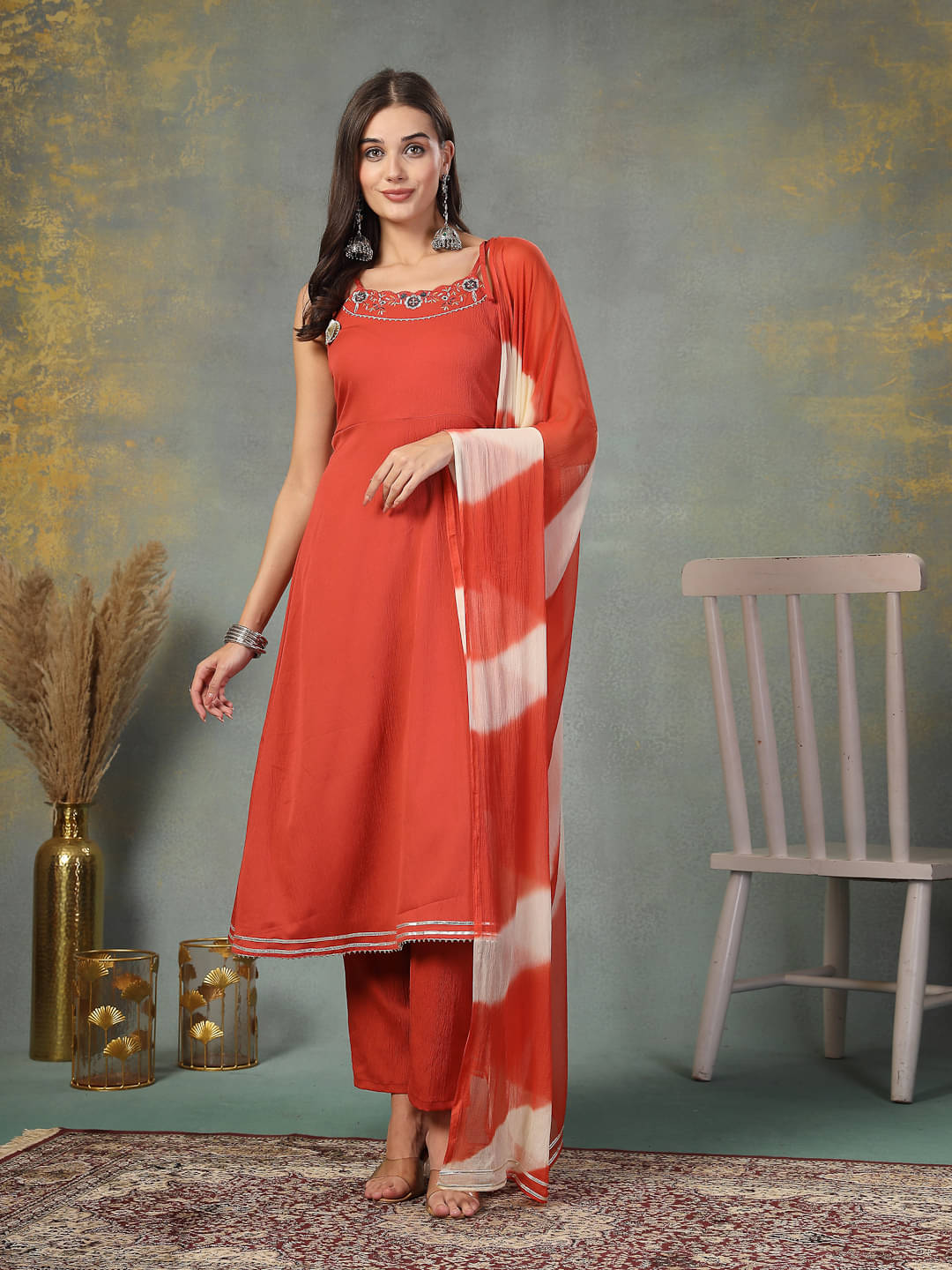 Stylum Crepe Embroidered Kurti With Pants Women's Stitched Salwar Suit - Rust ( Pack of 1 ) Stylum Crepe Embroidered Kurti With Pants Women's Stitched Salwar Suit - Rust ( Pack of 1 )