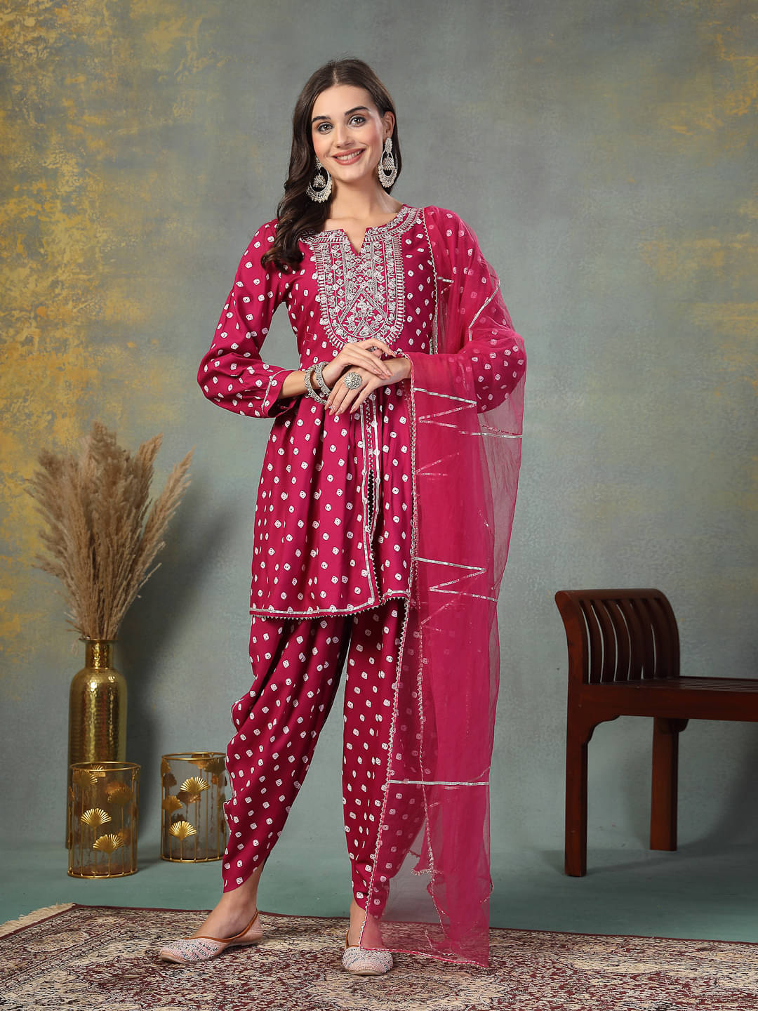     			Stylum Rayon Embroidered Kurti With Dhoti Pants Women's Stitched Salwar Suit - Pink ( Pack of 1 )