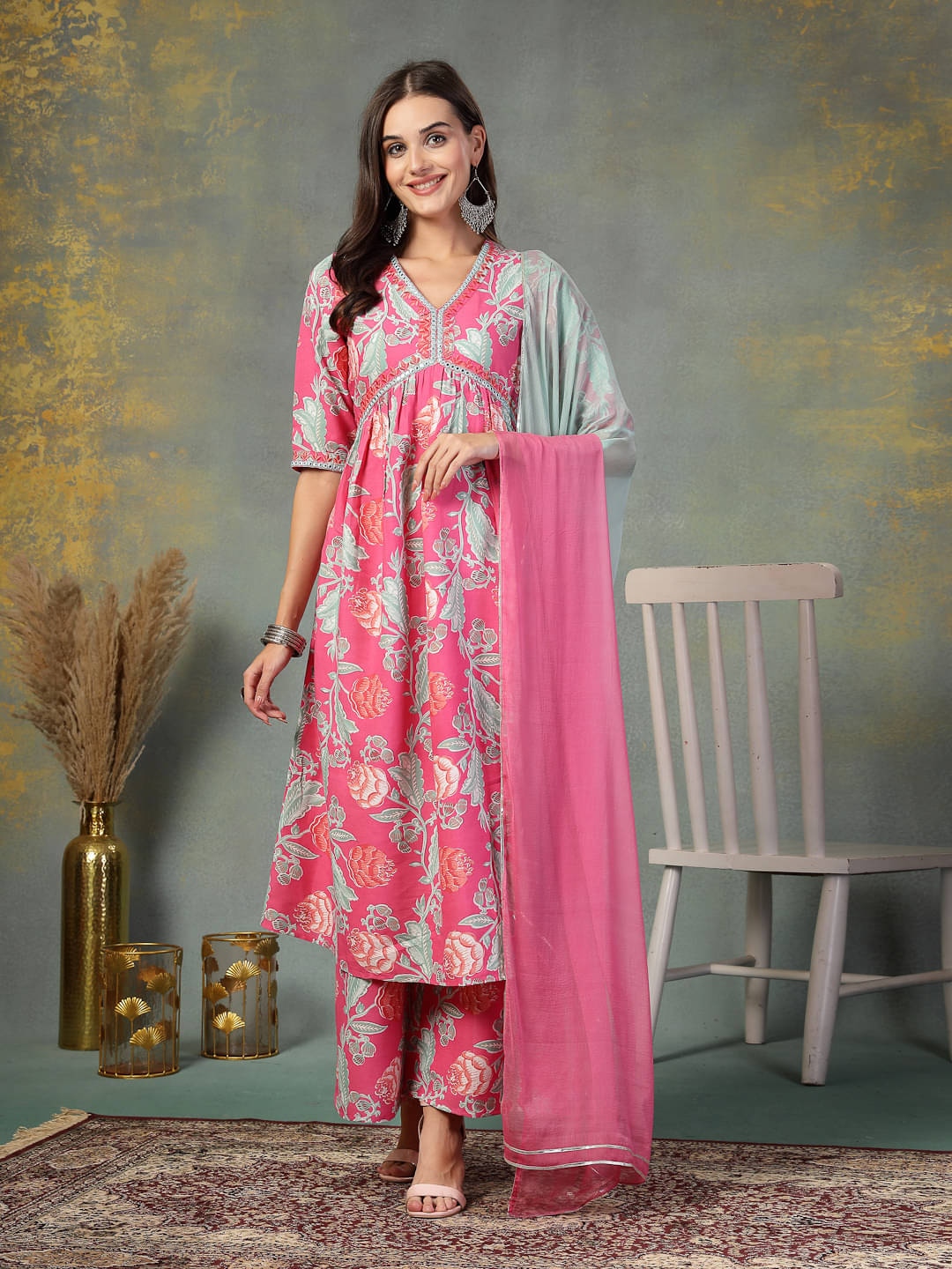 Stylum Rayon Printed Kurti With Palazzo Women's Stitched Salwar Suit - Pink ( Pack of 1 )     			Stylum Rayon Printed Kurti With Palazzo Women's Stitched Salwar Suit - Pink ( Pack of 1 )