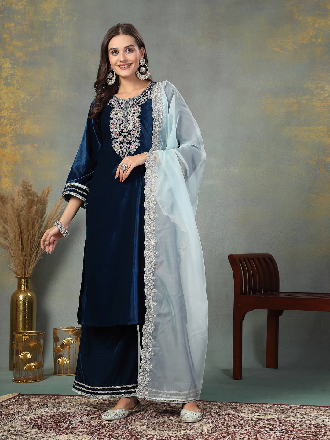 Stylum Velvet Embroidered Kurti With Pants Women's Stitched Salwar Suit - Blue ( Pack of 1 )     			Stylum Velvet Embroidered Kurti With Pants Women's Stitched Salwar Suit - Blue ( Pack of 1 )
