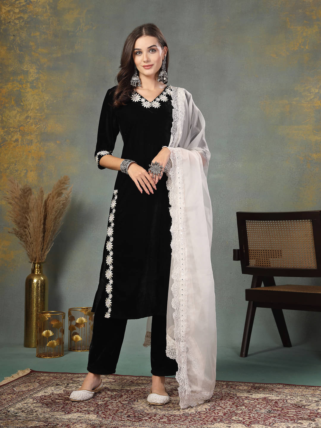 Stylum Velvet Embroidered Kurti With Pants Women's Stitched Salwar Suit - Black ( Pack of 1 ) Stylum Velvet Embroidered Kurti With Pants Women's Stitched Salwar Suit - Black ( Pack of 1 )