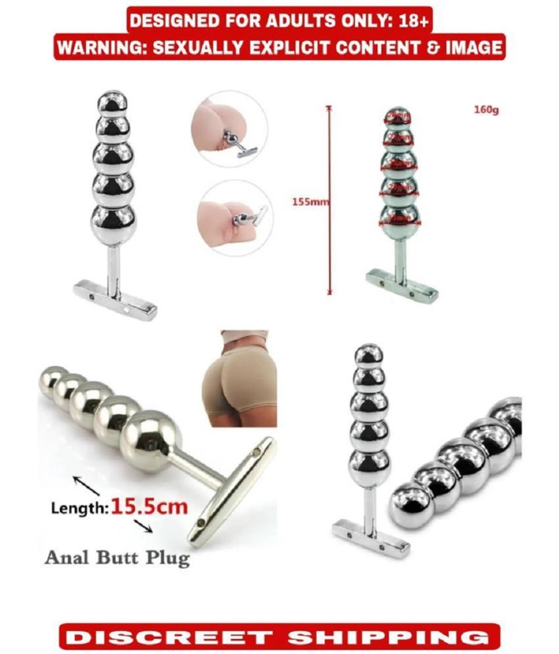 T-Handle Tower Stainless Steel 5 Anal Beads Butt Plug Sex Toy For Men Women