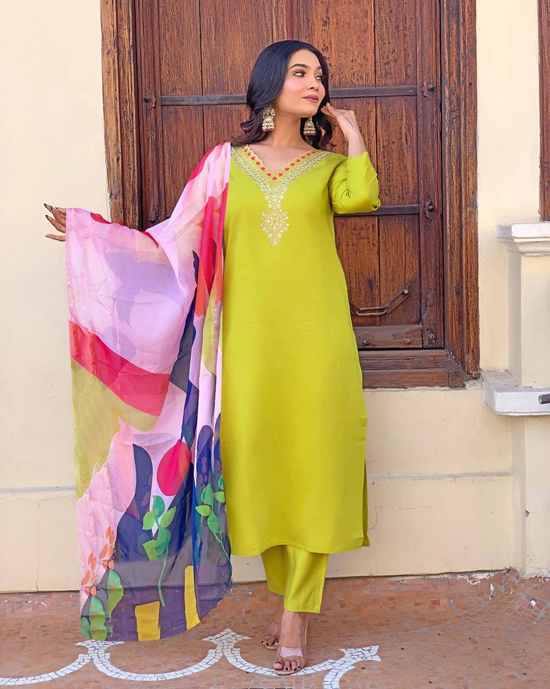 Trijal Fab Cotton Silk Embellished Kurti With Pants Women's Stitched Salwar Suit - Lime Green ( Pack of 1 ) Trijal Fab Cotton Silk Embellished Kurti With Pants Women's Stitched Salwar Suit - Lime Green ( Pack of 1 )