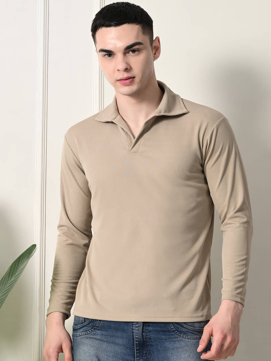 VIOUR Pack of 1 Polyester Slim Fit Solid Full Sleeves Men's Polo T Shirt ( Beige )