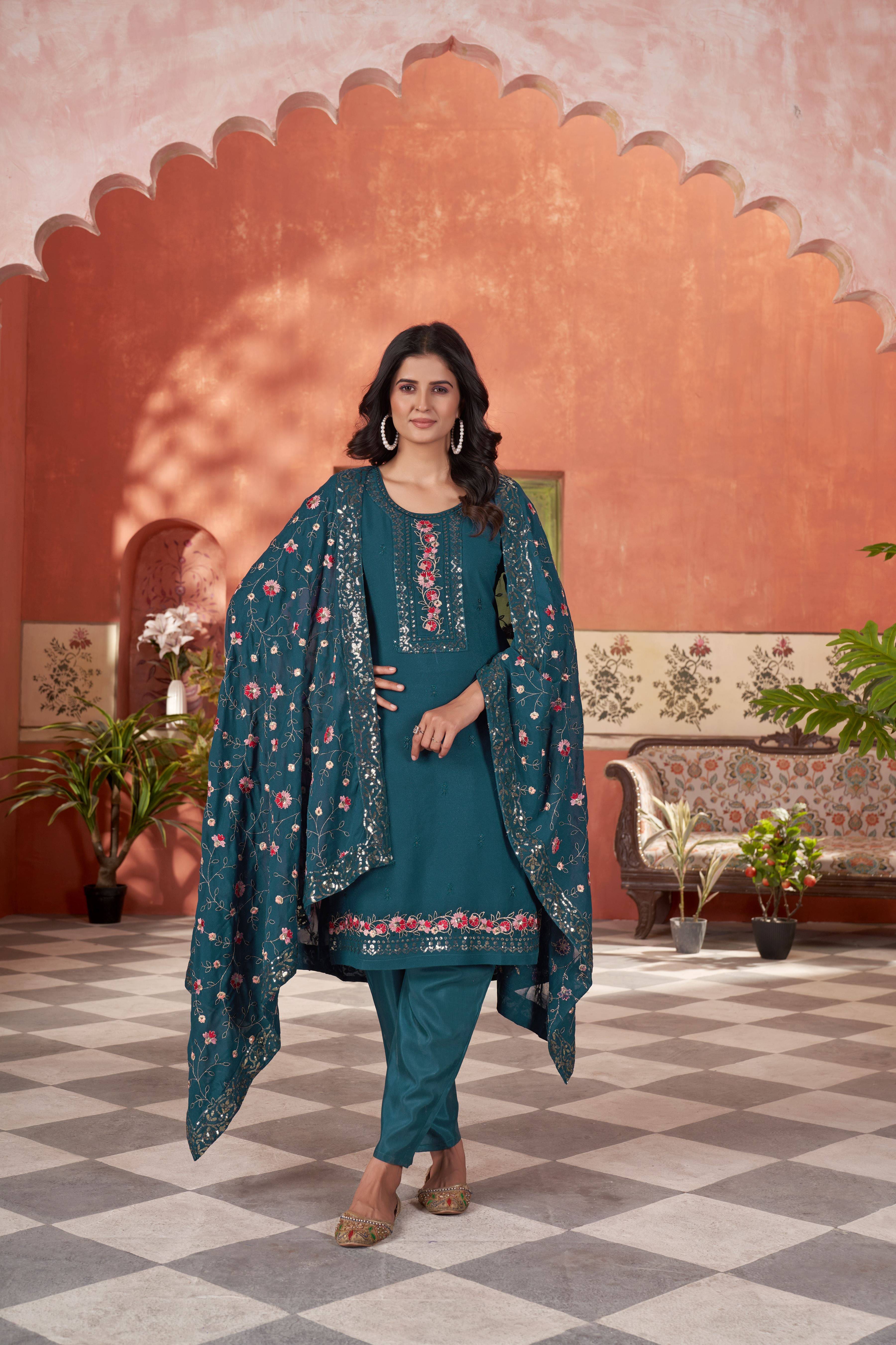 Varni Fabrics Georgette Embellished Kurti With Pants Women's Stitched Salwar Suit - Navy Blue ( Pack of 1 ) Varni Fabrics Georgette Embellished Kurti With Pants Women's Stitched Salwar Suit - Navy Blue ( Pack of 1 )