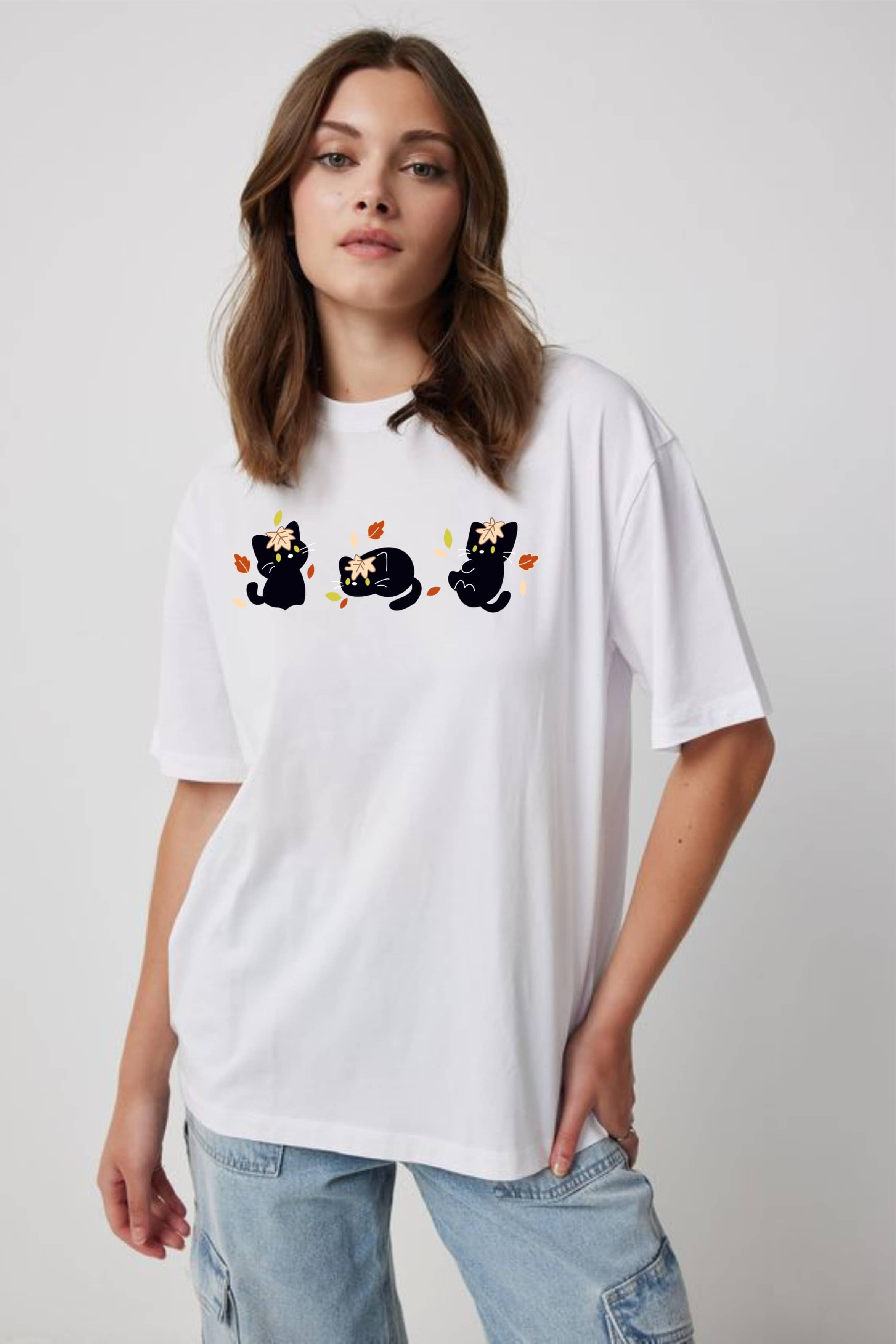 ekadravin Women Cotton Printed Oversized Fit Round Neck T-Shirt ( White )
