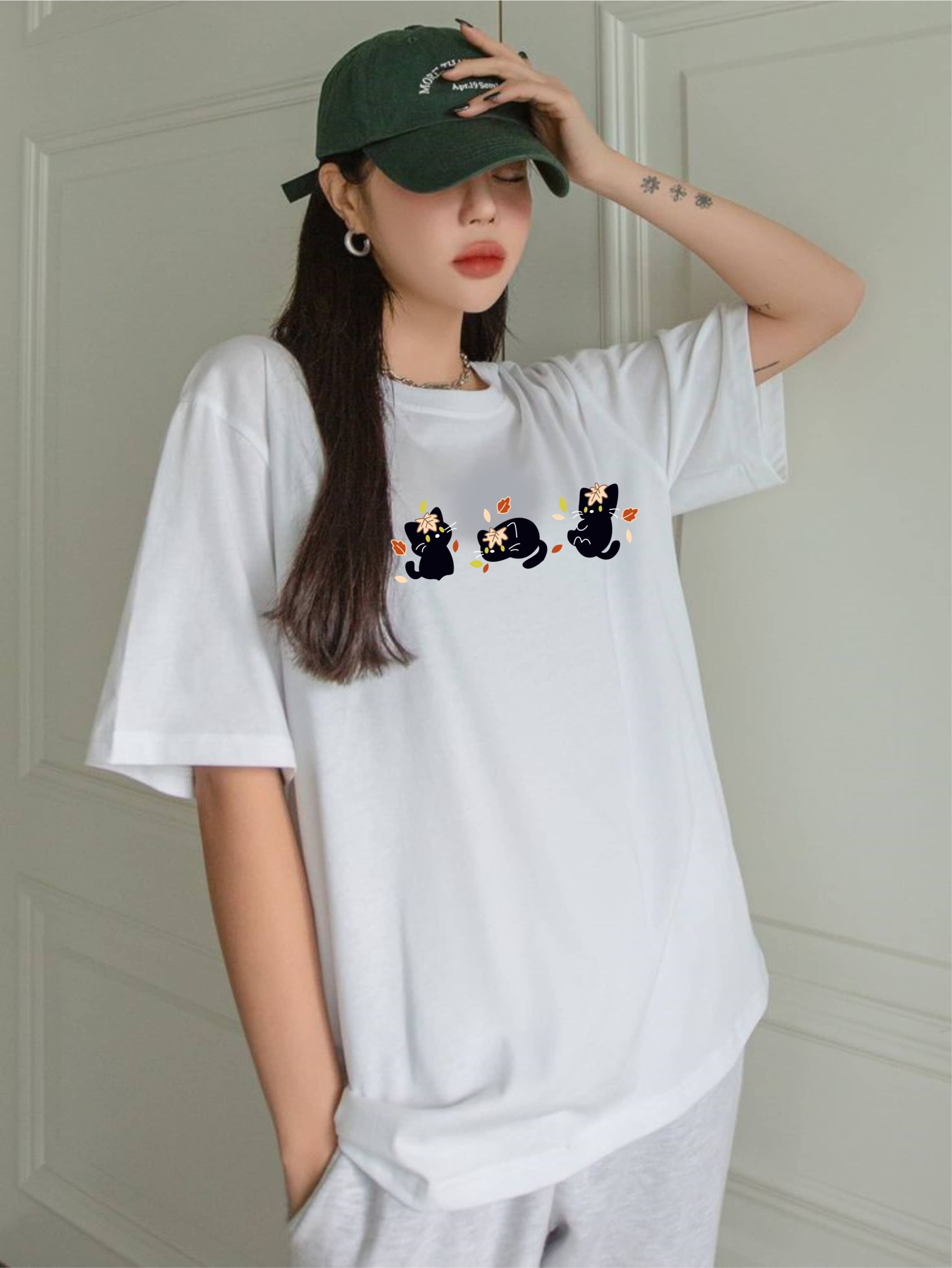 ekadravin Women Cotton Printed Oversized Fit Round Neck T-Shirt ( White )