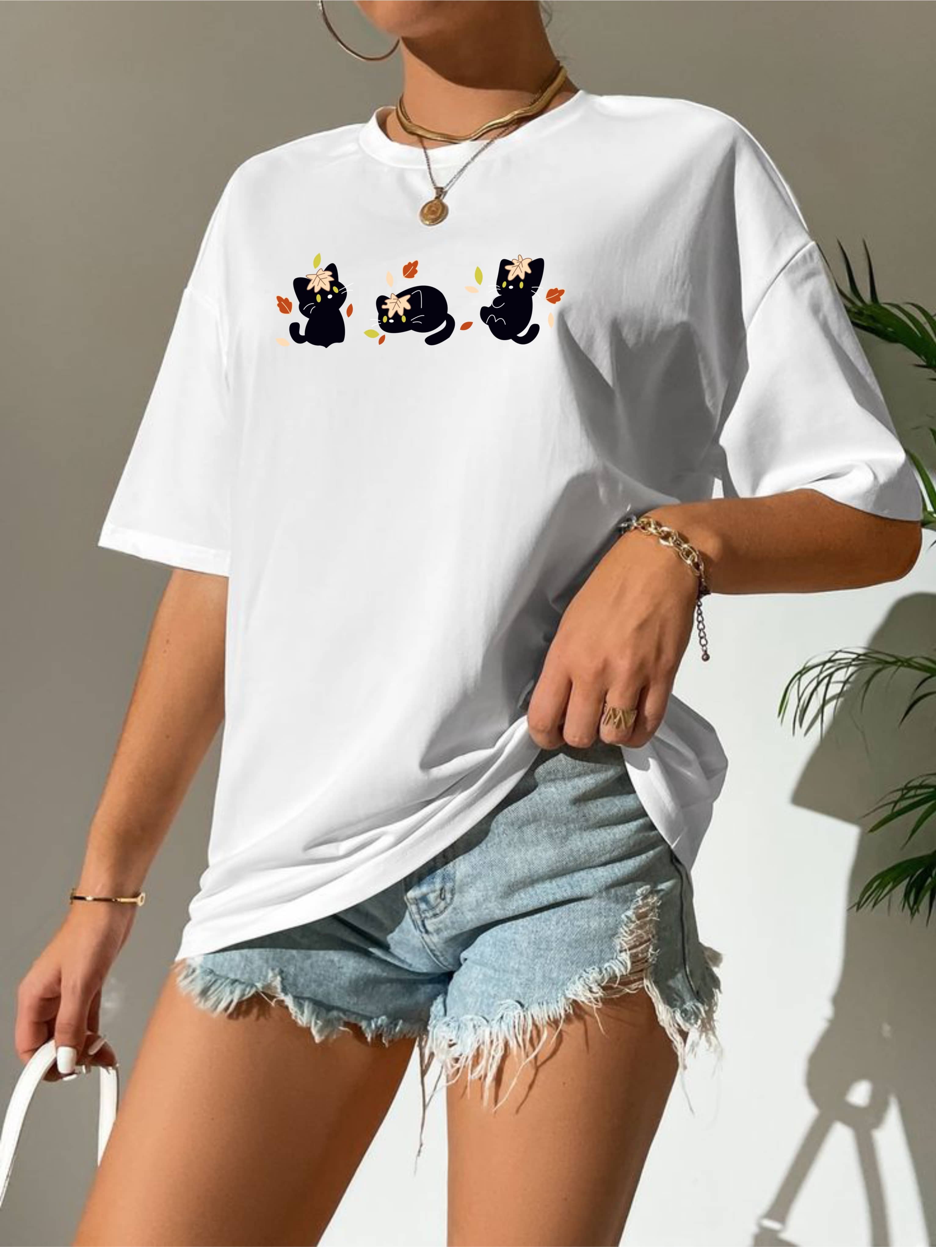 ekadravin Women Cotton Printed Oversized Fit Round Neck T-Shirt ( White )