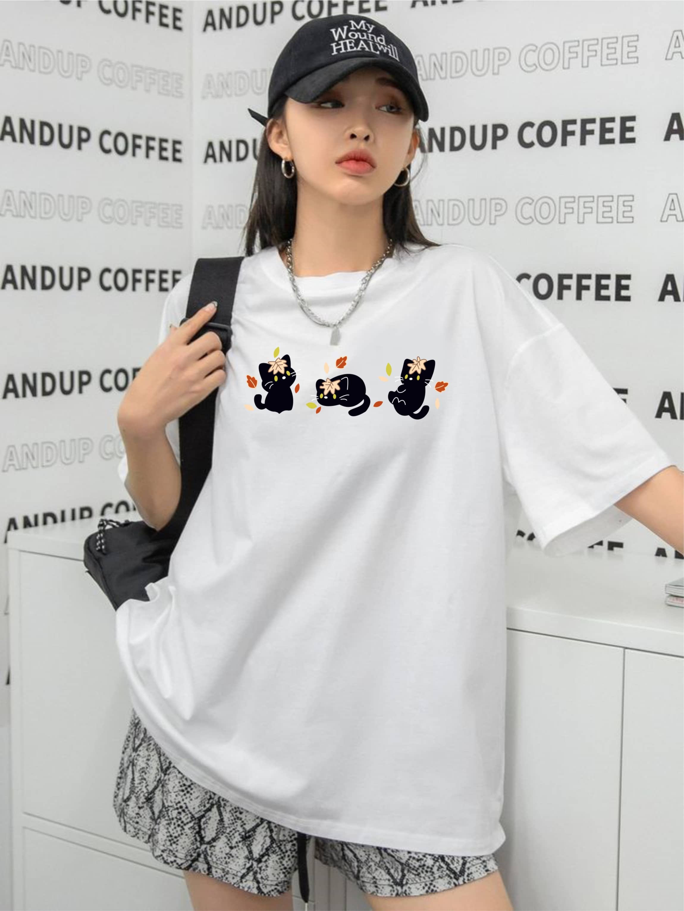 ekadravin Women Cotton Printed Oversized Fit Round Neck T-Shirt ( White )
