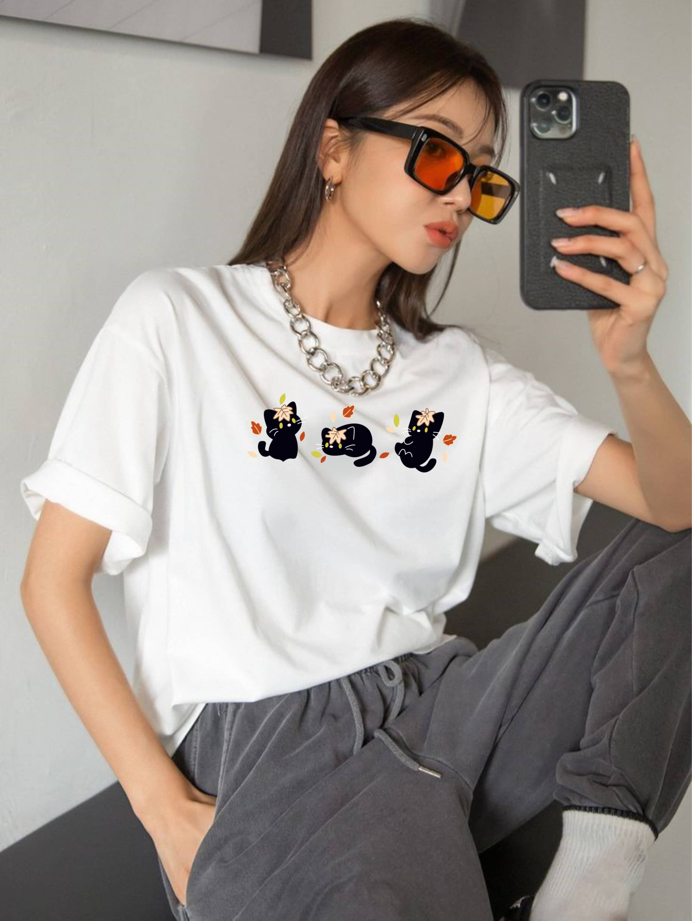 ekadravin Women Cotton Printed Oversized Fit Round Neck T-Shirt ( White )