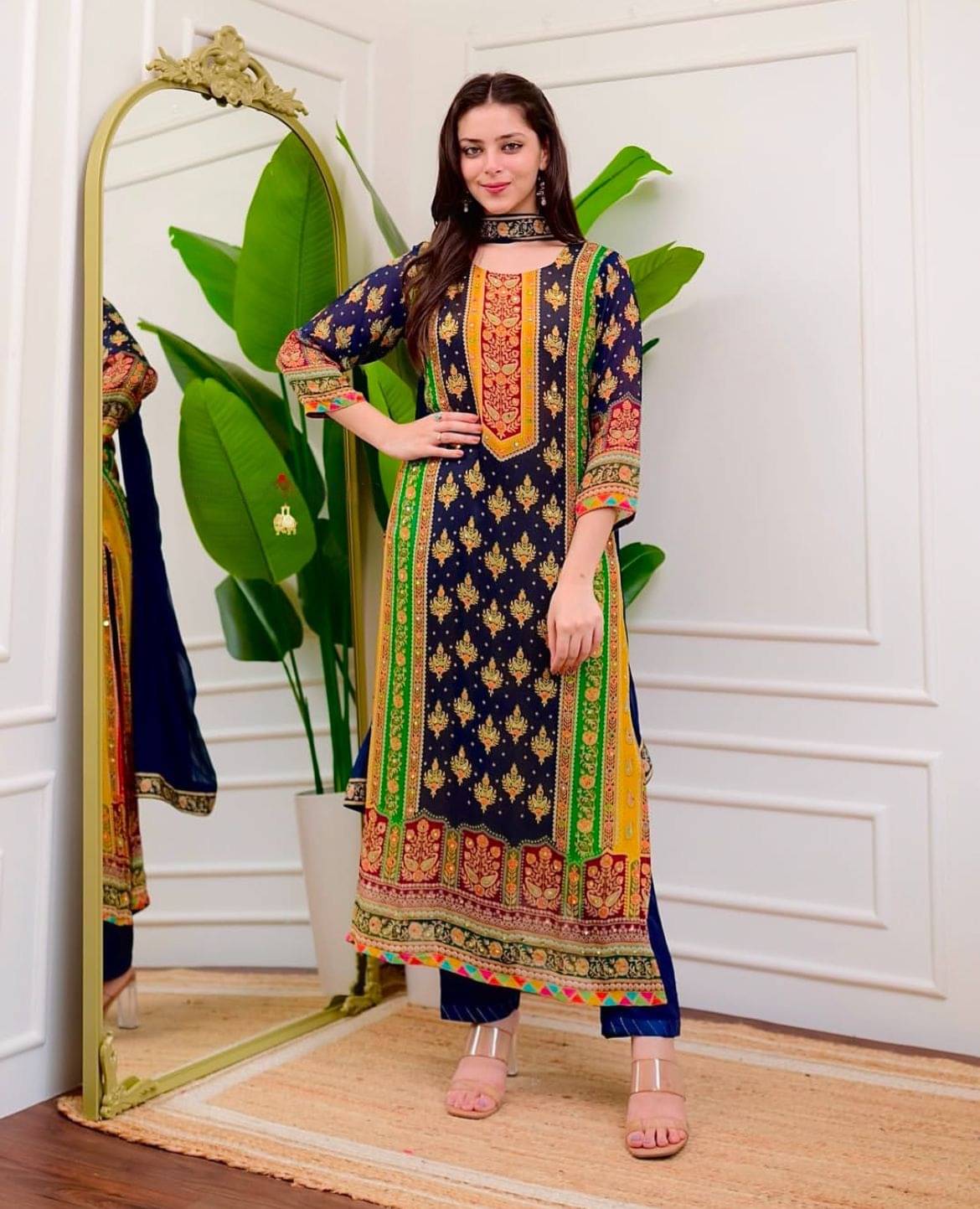     			fvd Chanderi Silk Printed Kurti With Pants Women's Stitched Salwar Suit - Blue ( Pack of 1 )